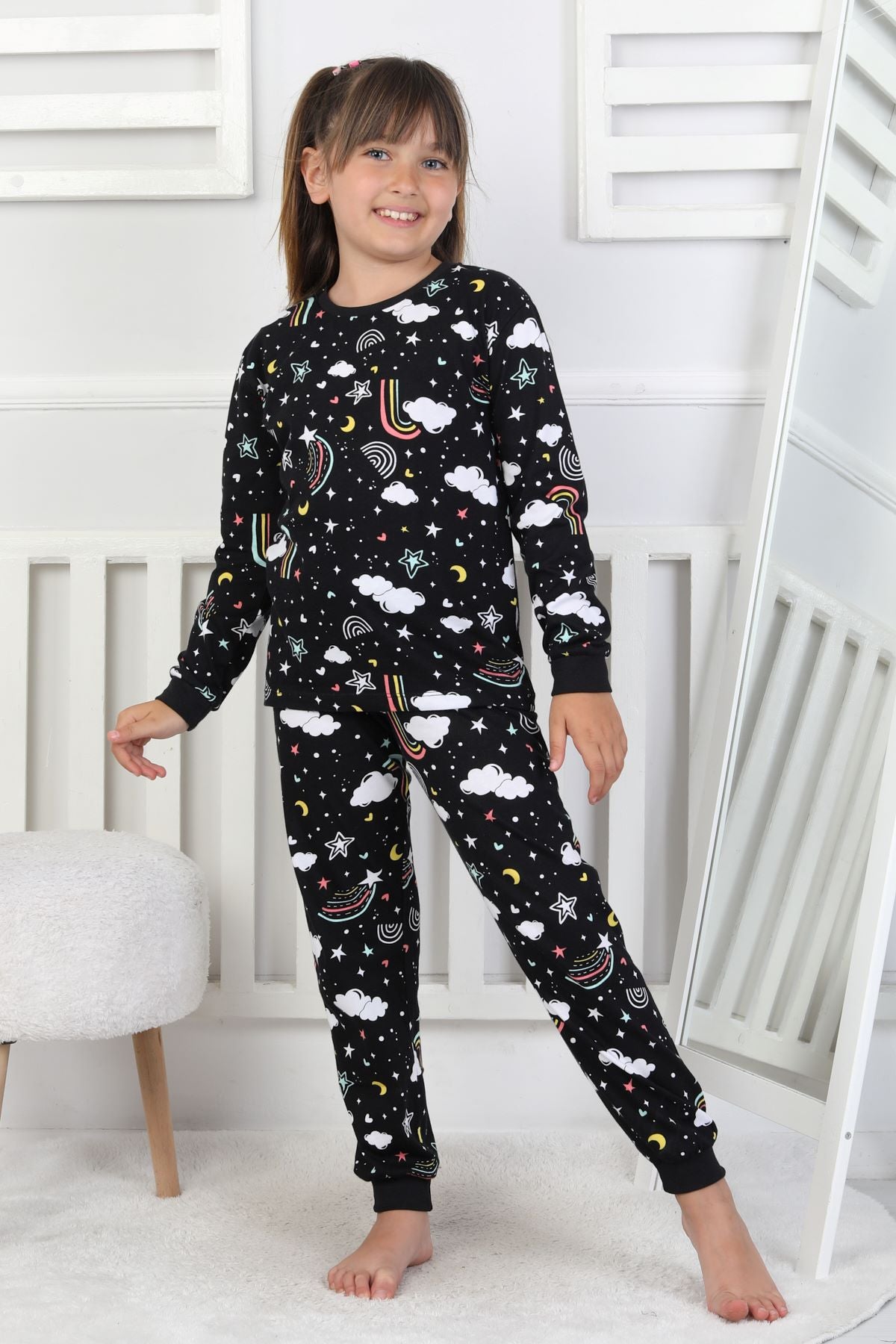 Cute Dreams Pattern Uzun Kollu Kız Çocuk Pijama Takımı