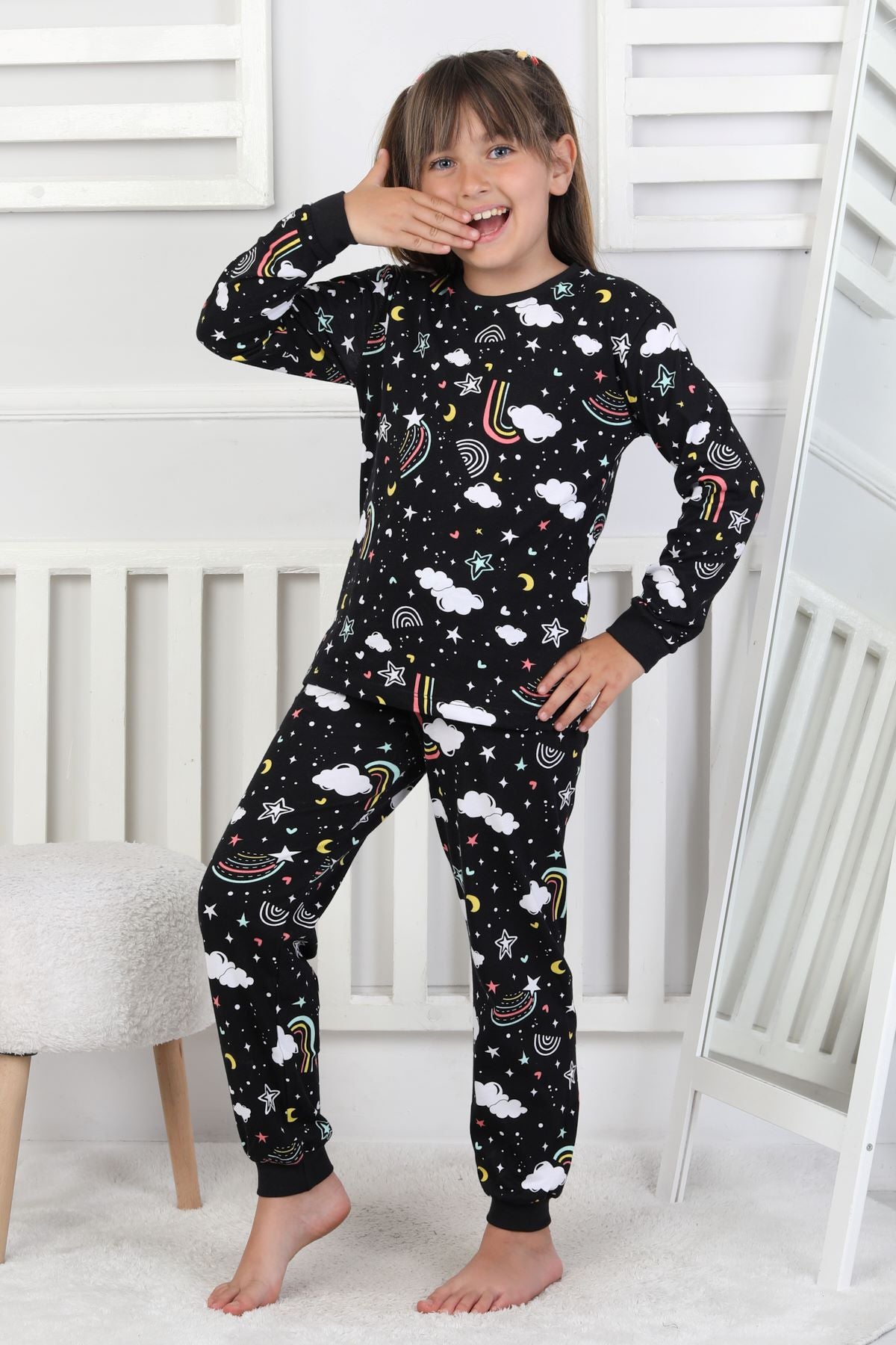 Cute Dreams Pattern Uzun Kollu Kız Çocuk Pijama Takımı