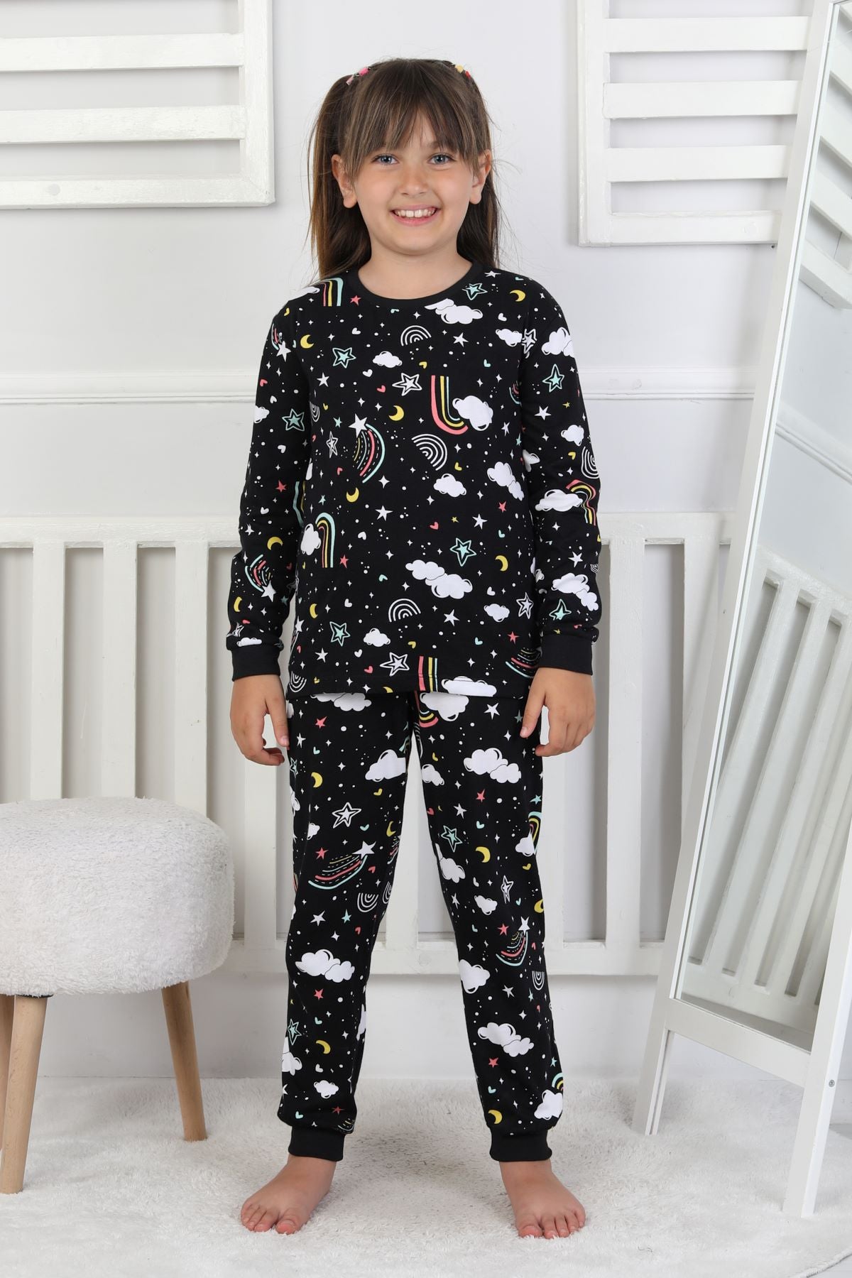 Cute Dreams Pattern Uzun Kollu Kız Çocuk Pijama Takımı