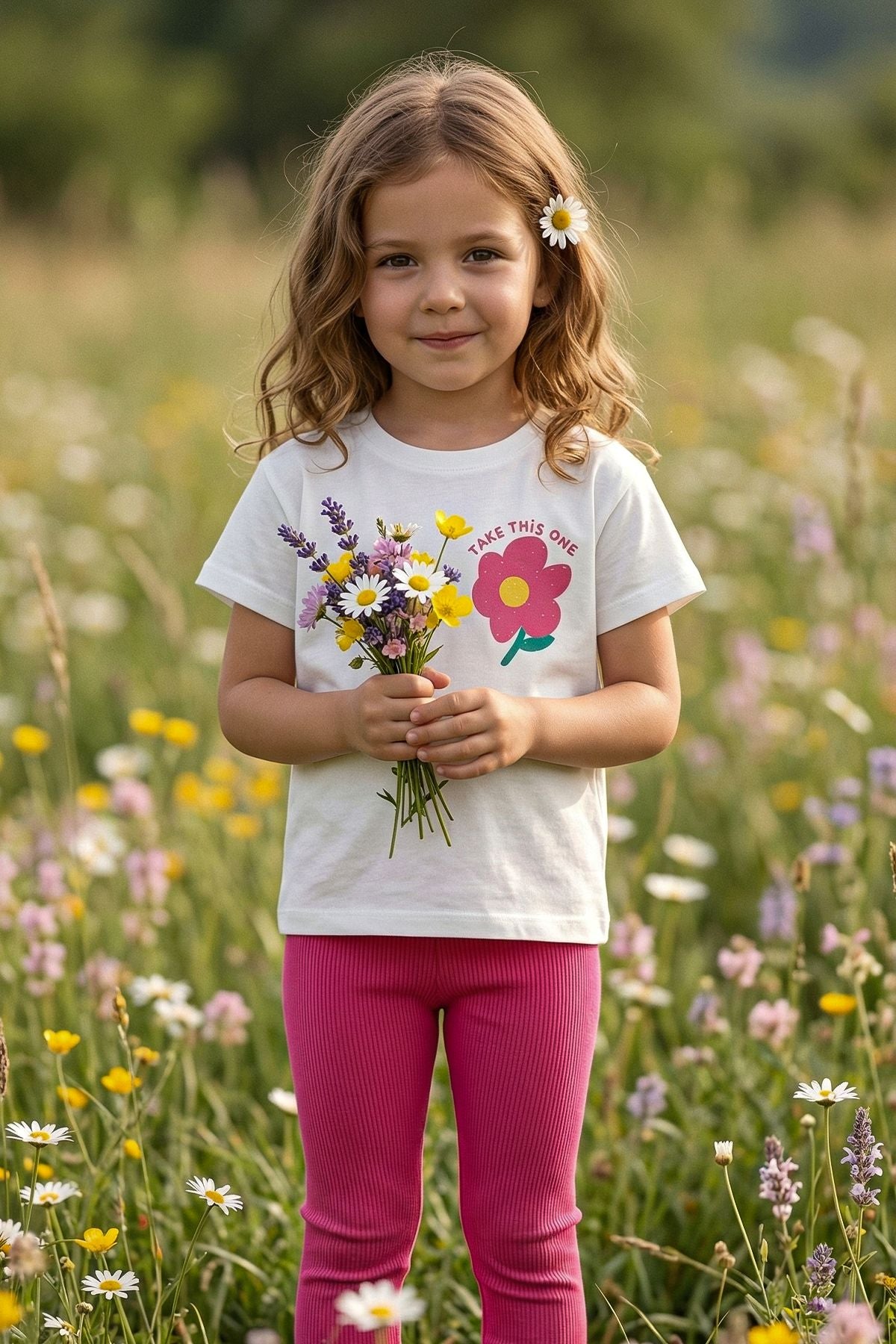 Cute Flower Baskılı Kız Çocuk Tayt Takım Pembe