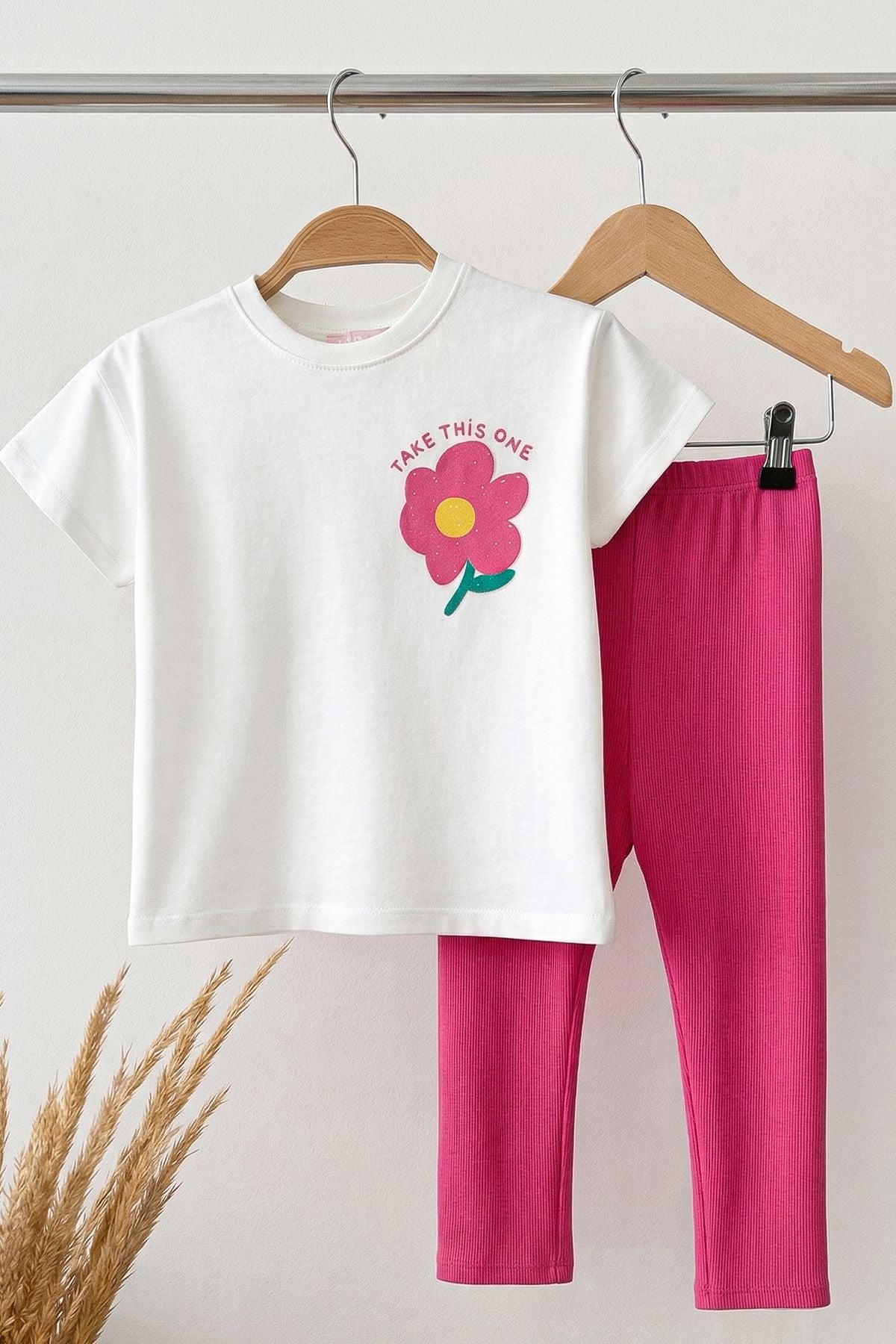 Cute Flower Baskılı Kız Çocuk Tayt Takım Pembe