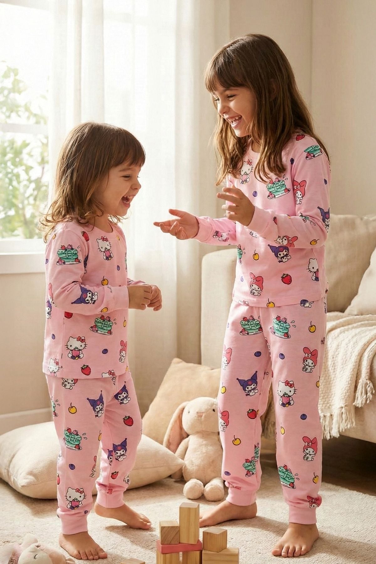 Cute Hello Kitty Ve Kuromi Desenli Kız Çocuk Pijama Takımı