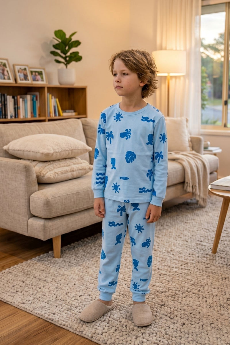 Deniz Temalı Mavi Renk %100 Pamuk Erkek Çocuk Pijama Takımı