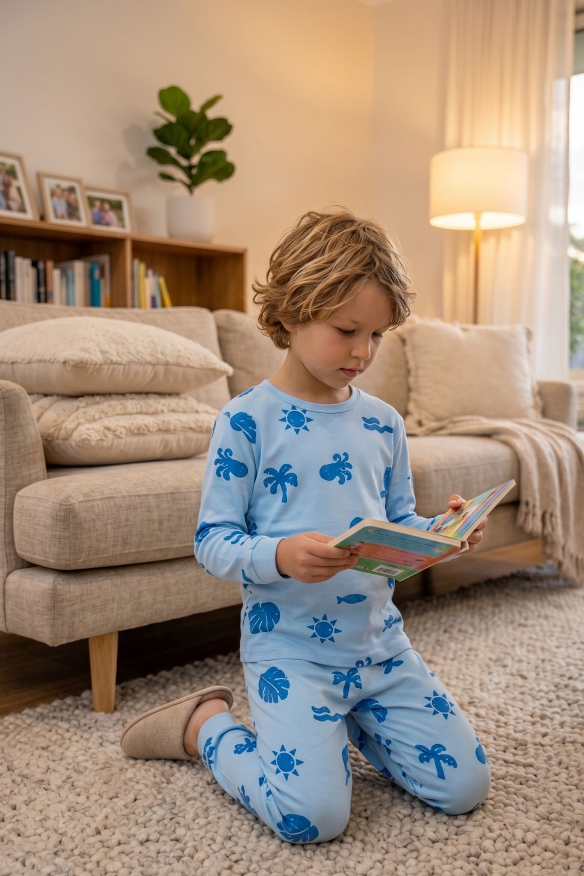 Deniz Temalı Mavi Renk %100 Pamuk Erkek Çocuk Pijama Takımı