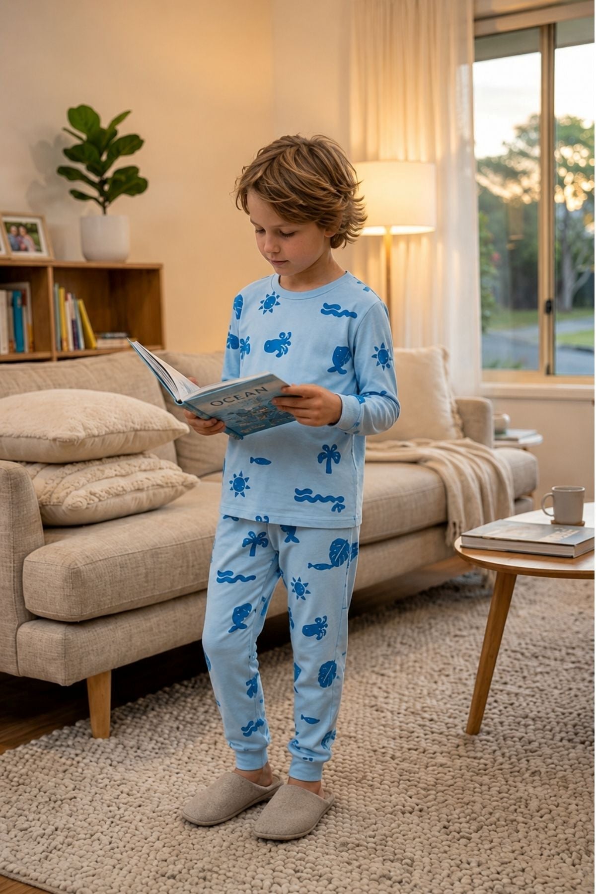 Deniz Temalı Mavi Renk %100 Pamuk Erkek Çocuk Pijama Takımı