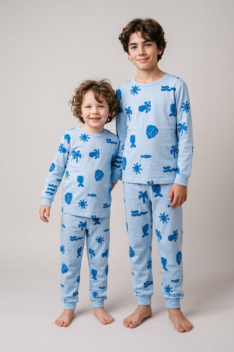 Deniz Temalı Mavi Renk %100 Pamuk Erkek Çocuk Pijama Takımı