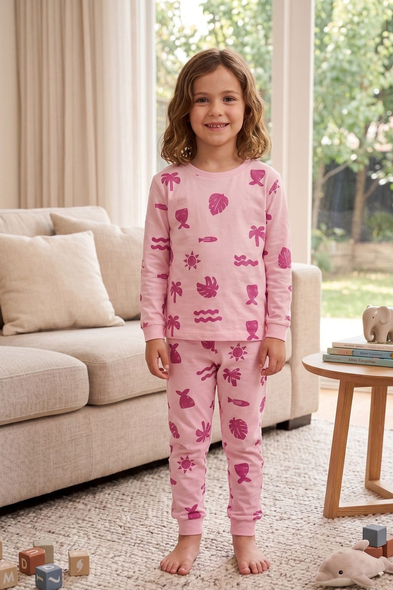 Deniz Temalı Pembe Renk %100 Pamuk Kız Çocuk Pijama Takımı