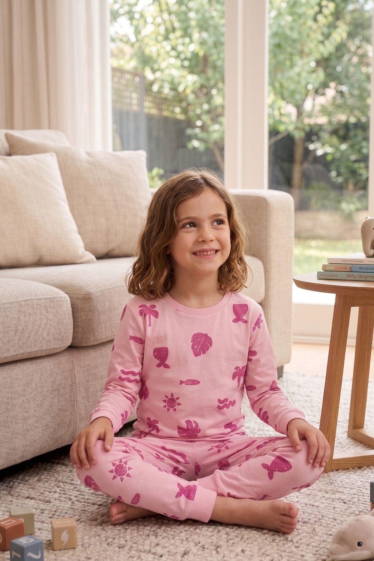Deniz Temalı Pembe Renk %100 Pamuk Kız Çocuk Pijama Takımı