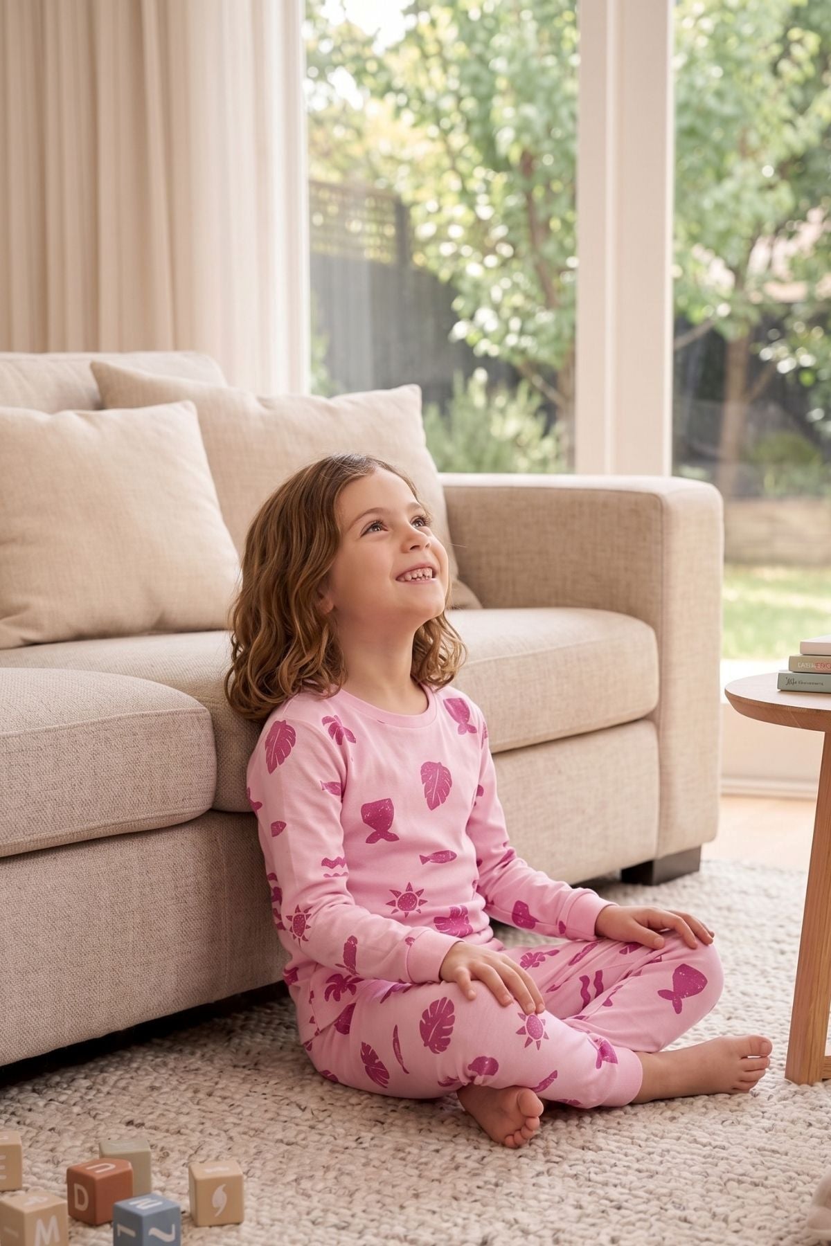 Deniz Temalı Pembe Renk %100 Pamuk Kız Çocuk Pijama Takımı