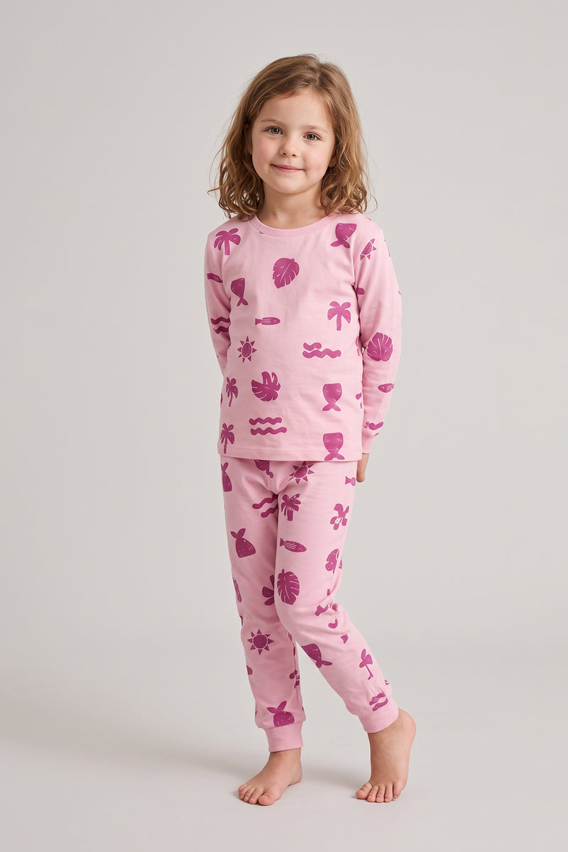 Deniz Temalı Pembe Renk %100 Pamuk Kız Çocuk Pijama Takımı