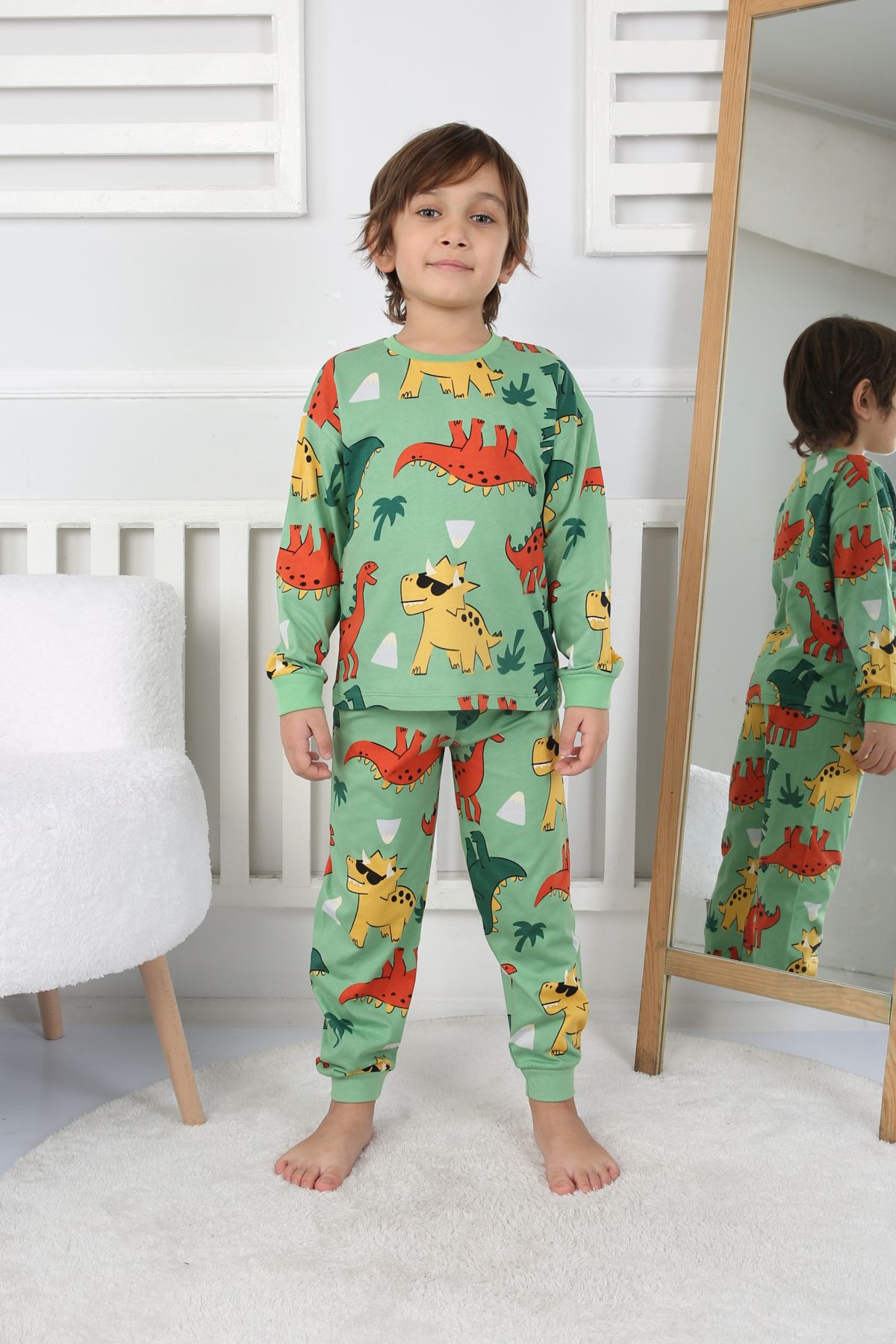 Dinozor Desenli Erkek Çocuk Pijama Takımı Yeşil