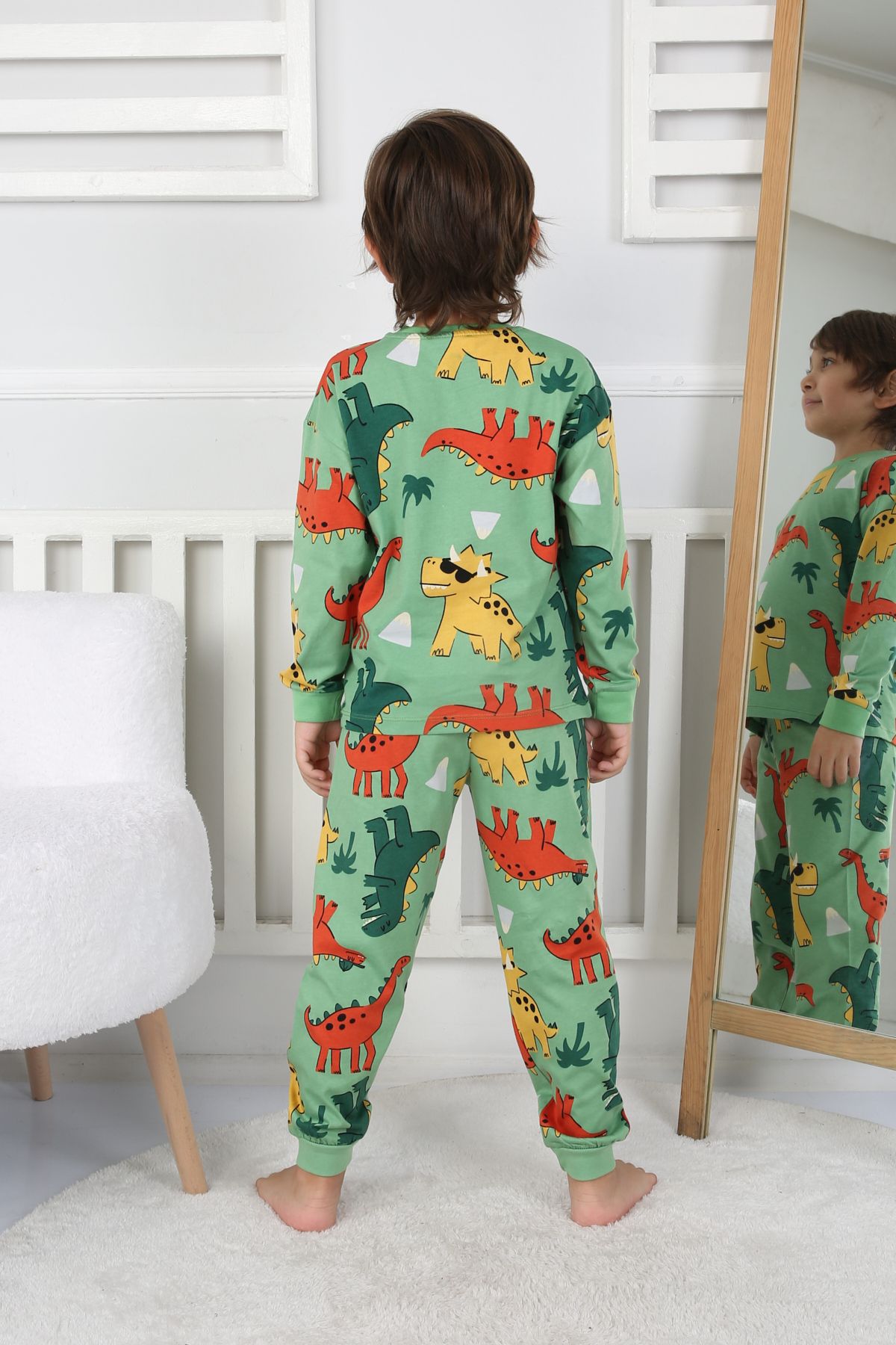 Dinozor Desenli Erkek Çocuk Pijama Takımı Yeşil
