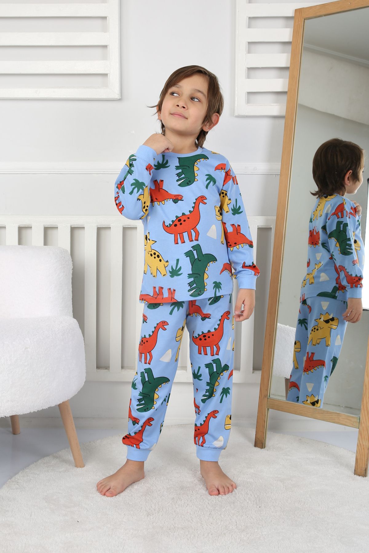Dinozor Desenli Erkek Çocuk Pijama Takımı Mavi