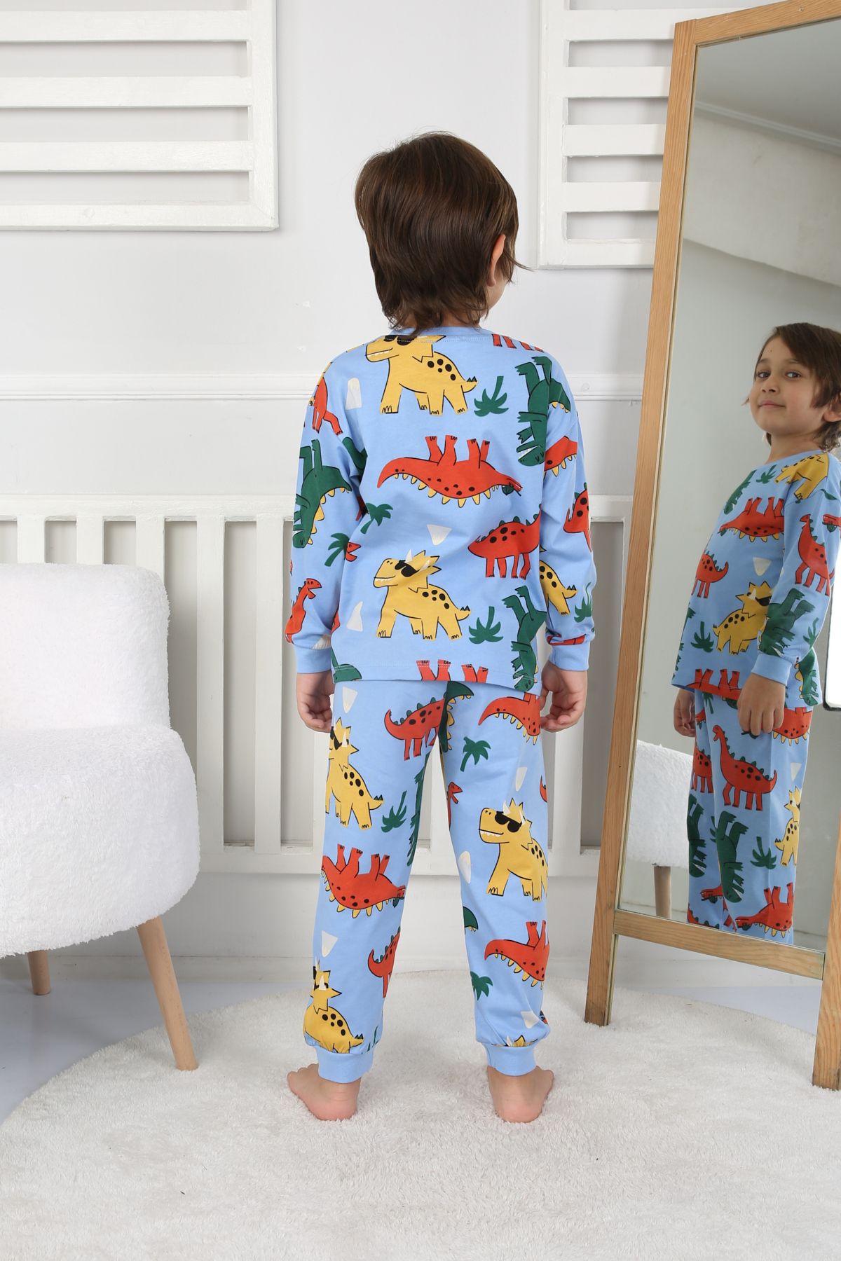 Dinozor Desenli Erkek Çocuk Pijama Takımı Mavi