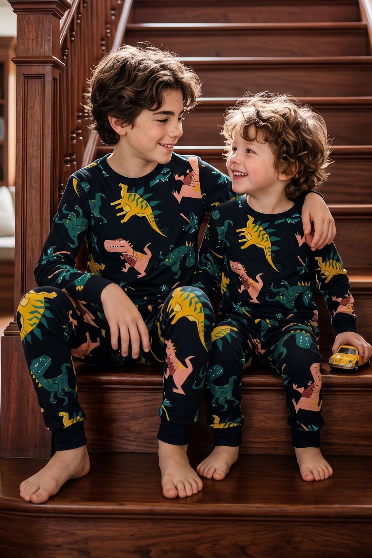 Dinozor Desenli Siyah Uzun Kollu Erkek Çocuk Pijama Takımı