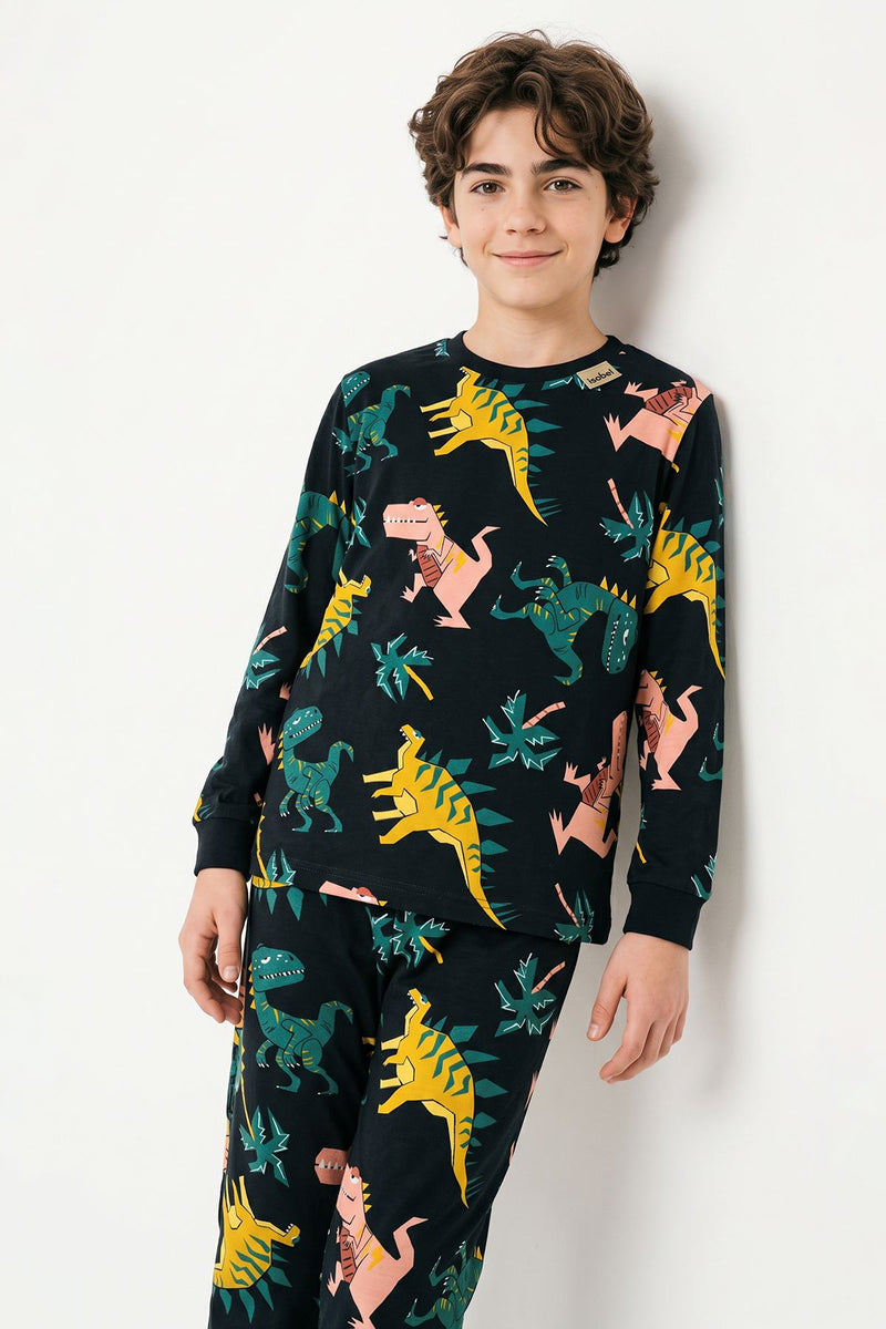 Dinozor Desenli Siyah Uzun Kollu Erkek Çocuk Pijama Takımı