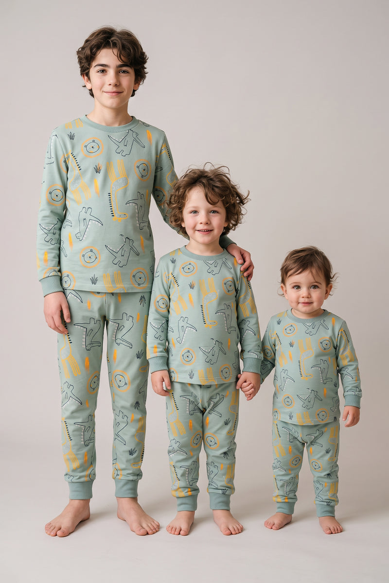 Erkek Çocuk Dinozor ve Safari Hayvanları Desenli Uzun Kollu Alt Üst Pijama Takımı