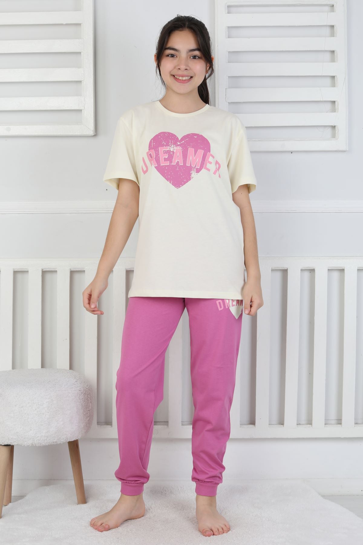 Dreamer Kalp Baskılı Kız Çocuk Pijama Takımı