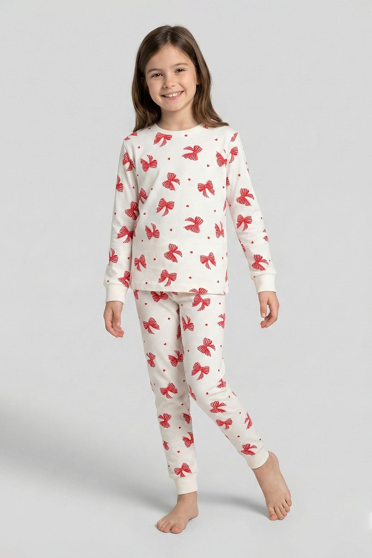 Ekru Renk Kırmızı Fiyonk Baskılı Kız Çocuk Pijama Takımı