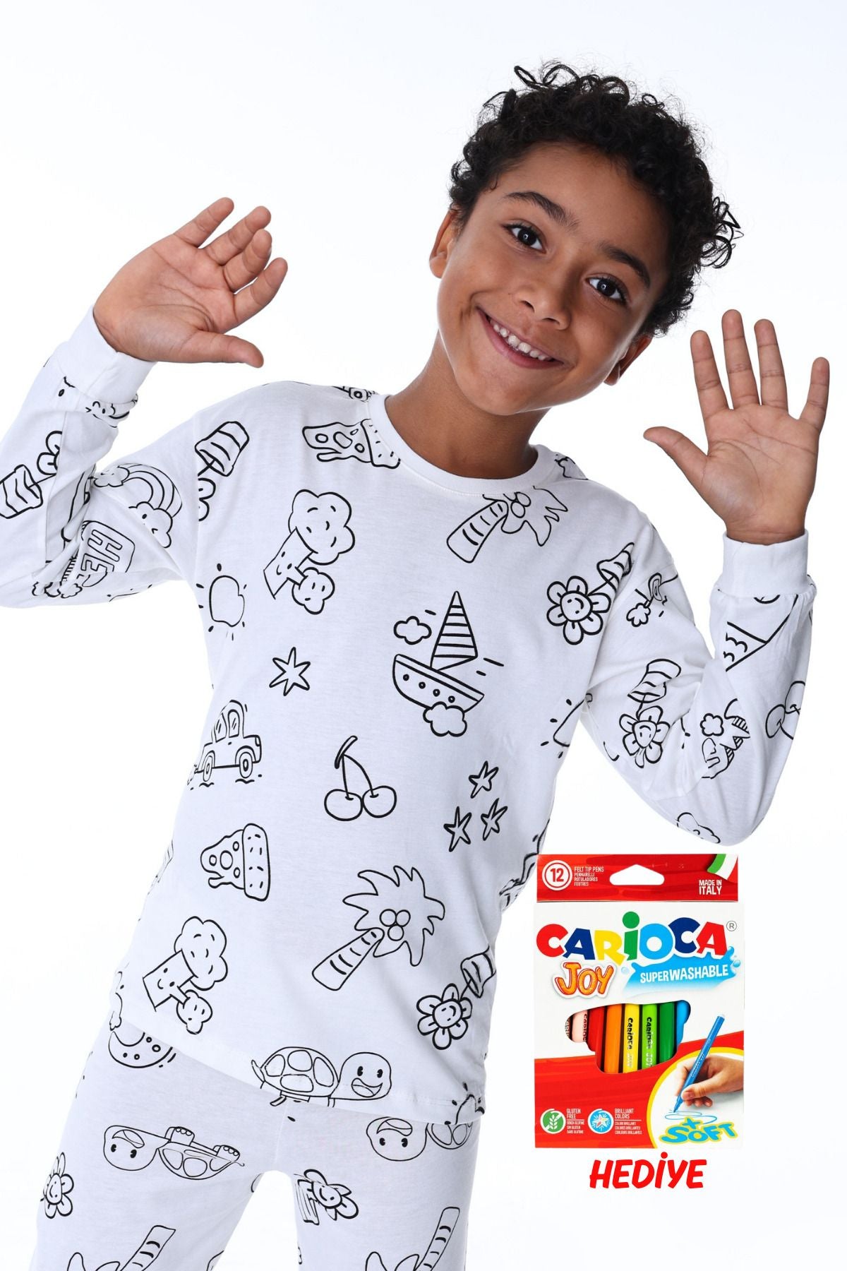 Boyanabilir Çocuk Pijama Takımı - 12'li Kalem Hediyeli - Uzun Kol