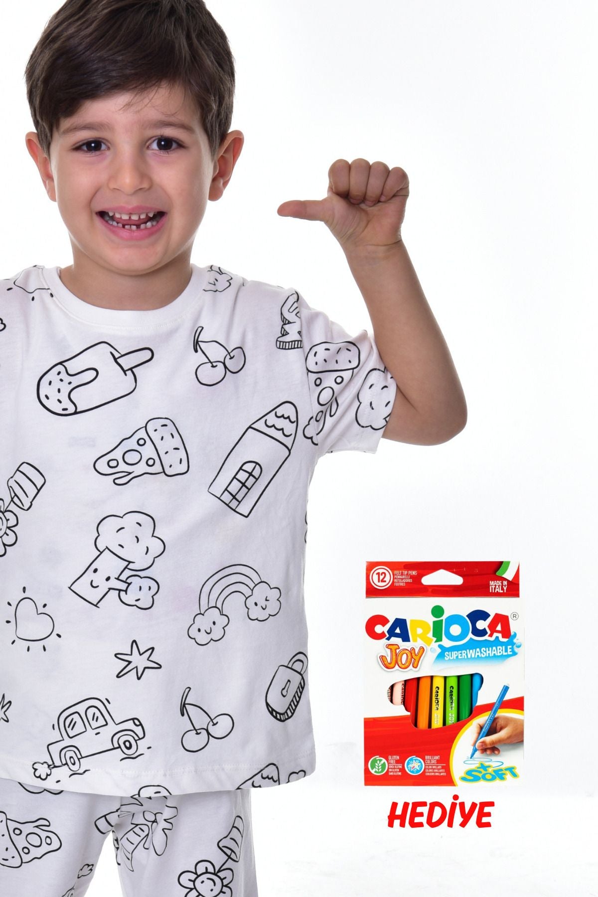 En Sevimli Figürler Özel Kalemi ile BOYANABİLİR Çocuk Pijama Takımı ( 12'li Kalem Seti Hediye )