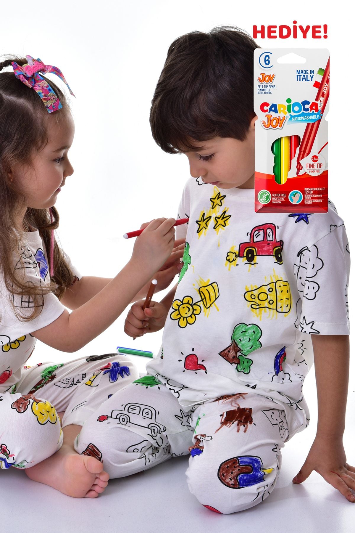 Boyanabilir Çocuk Pijama Takımı - 6'li Kalem Hediyeli - Kısa Kol