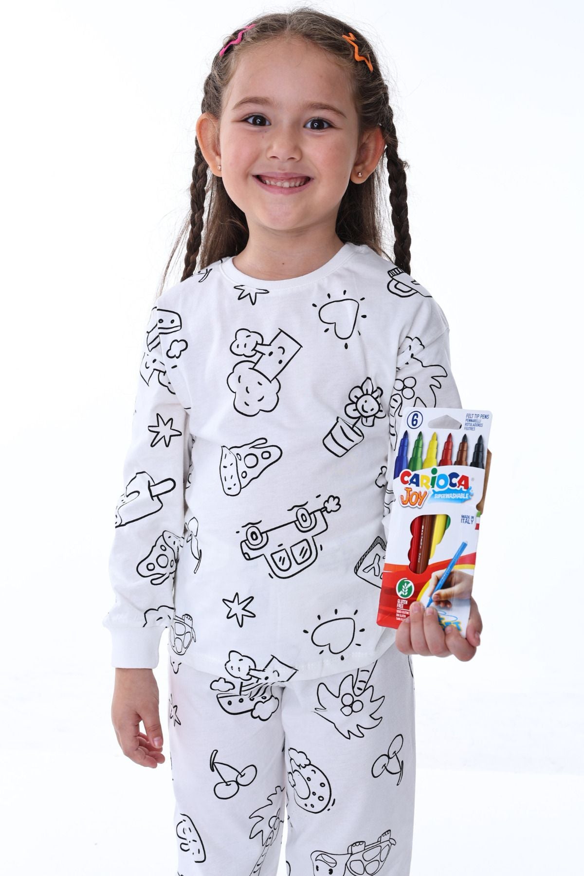 Boyanabilir Çocuk Pijama Takımı - 6'lı Kalem Hediyeli - Uzun Kol (Yıkama Sonrası Leke Bırakmaz)