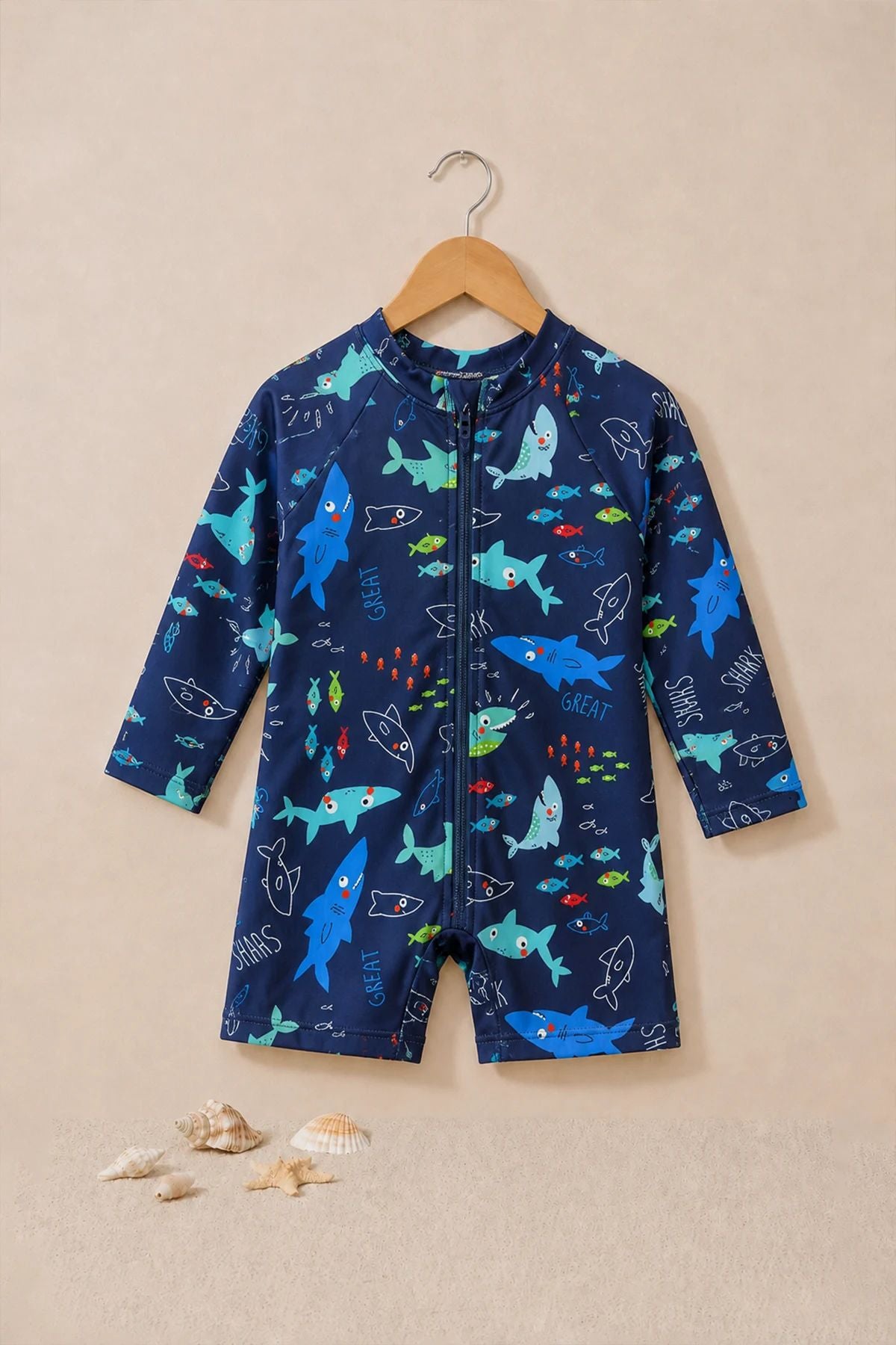 Erkek Bebek Shark Splash Uzun Kollu Fermuarlı Tulum Mayo