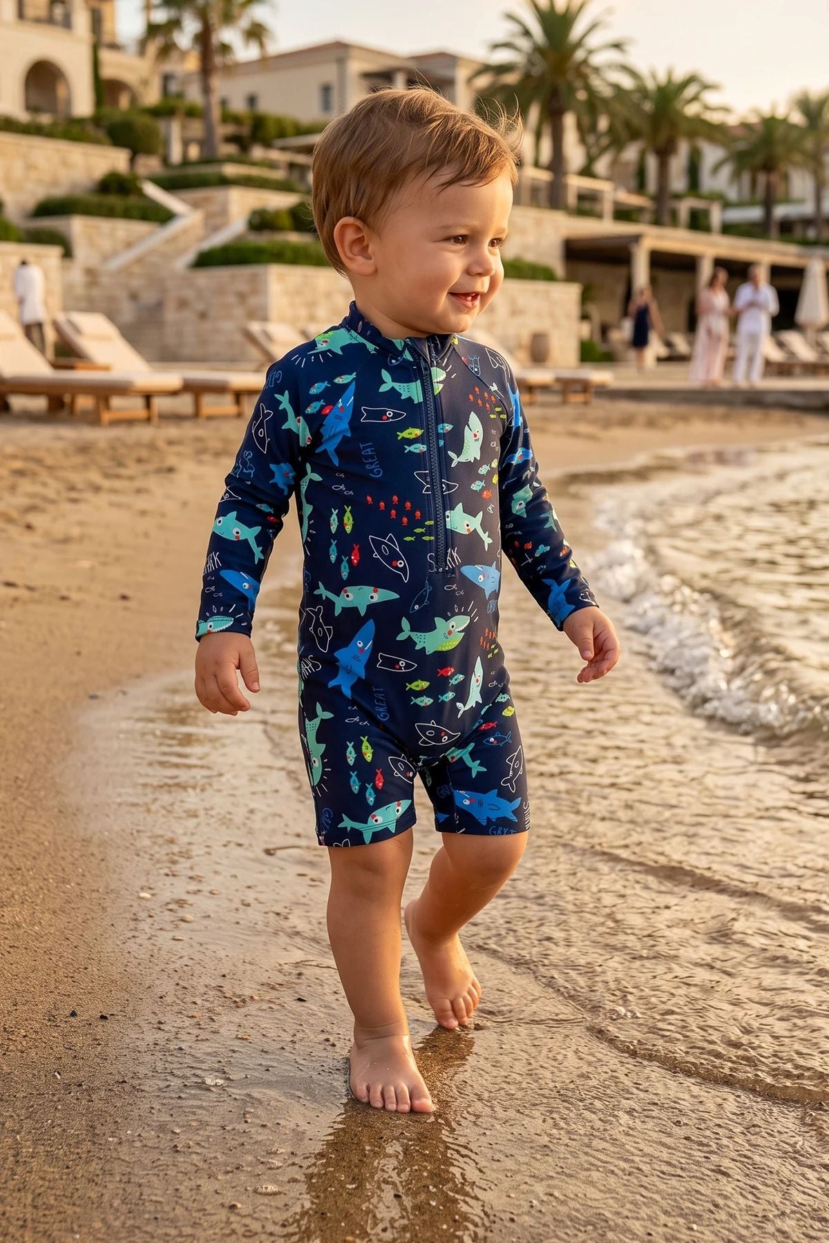 Erkek Bebek Shark Splash Uzun Kollu Fermuarlı Tulum Mayo