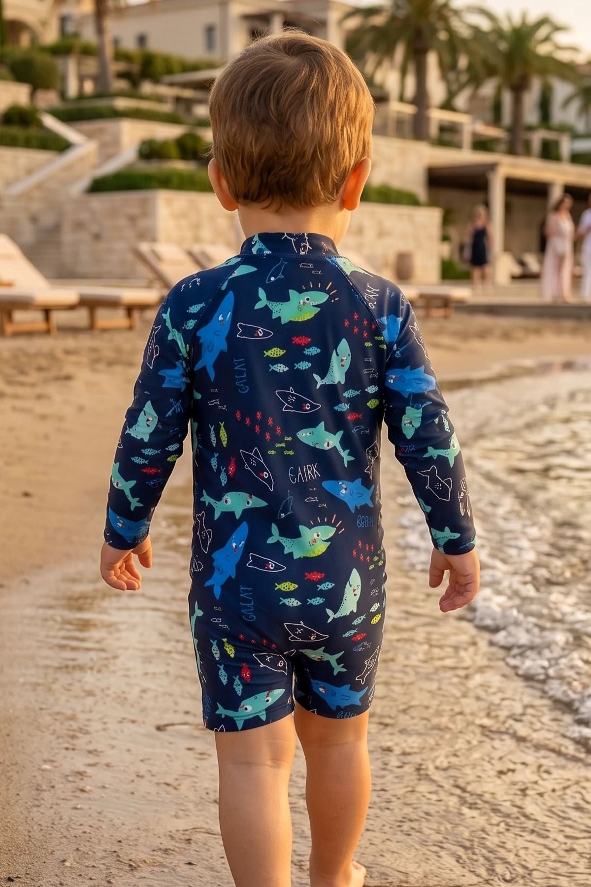 Erkek Bebek Shark Splash Uzun Kollu Fermuarlı Tulum Mayo