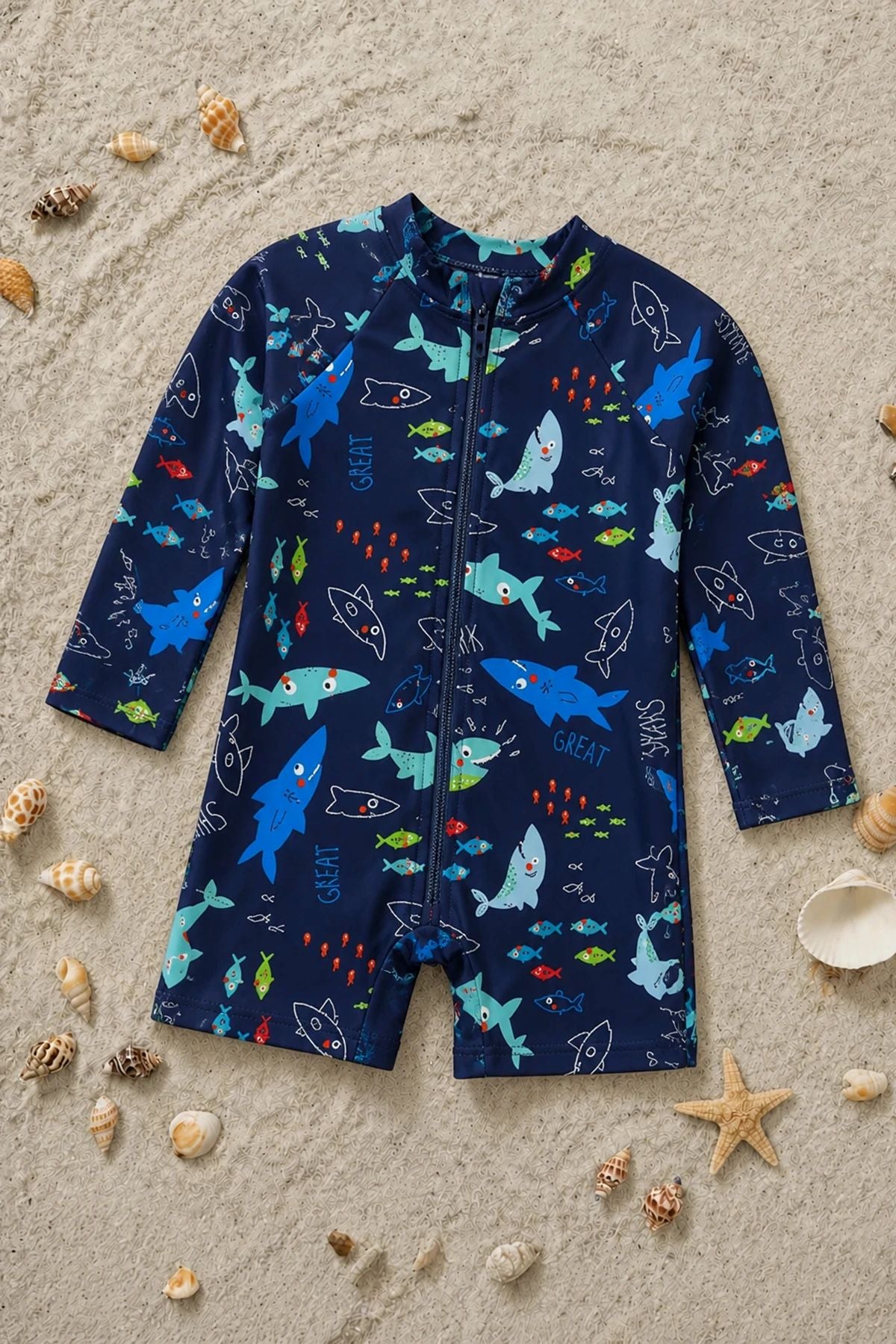 Erkek Bebek Shark Splash Uzun Kollu Fermuarlı Tulum Mayo