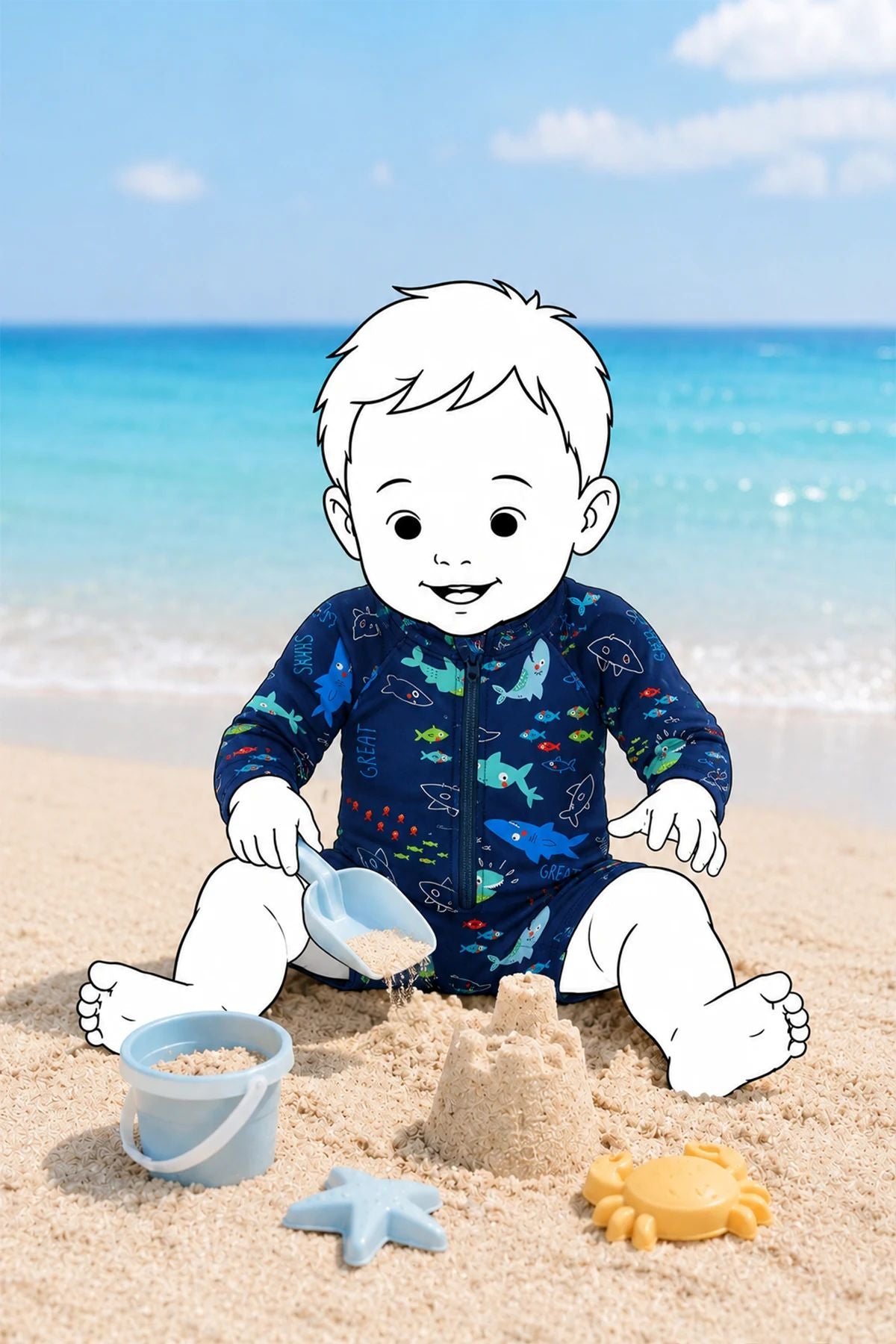 Erkek Bebek Shark Splash Uzun Kollu Fermuarlı Tulum Mayo