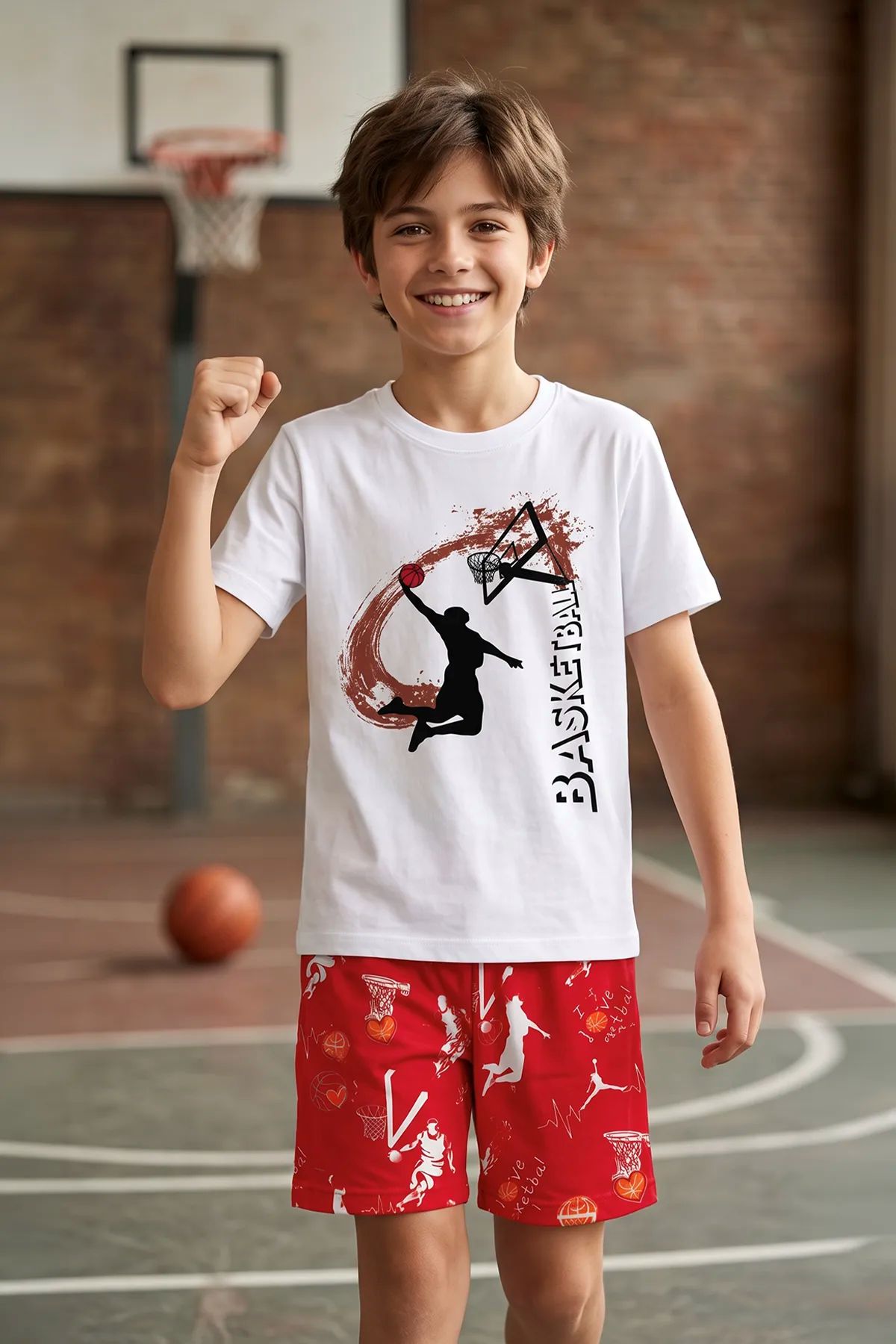 Erkek Çocuk Basketbol Baskılı Tişört ve Şort 2’li Takım – Kırmızı Beyaz
