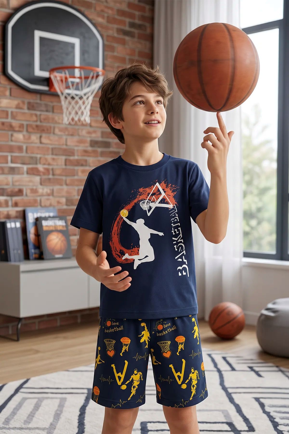 Erkek Çocuk Basketbol Baskılı Tişört ve Şort 2’li Takım – Sarı Lacivert