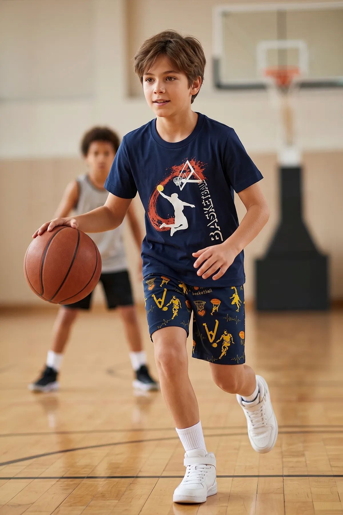 Erkek Çocuk Basketbol Baskılı Tişört ve Şort 2’li Takım – Sarı Lacivert
