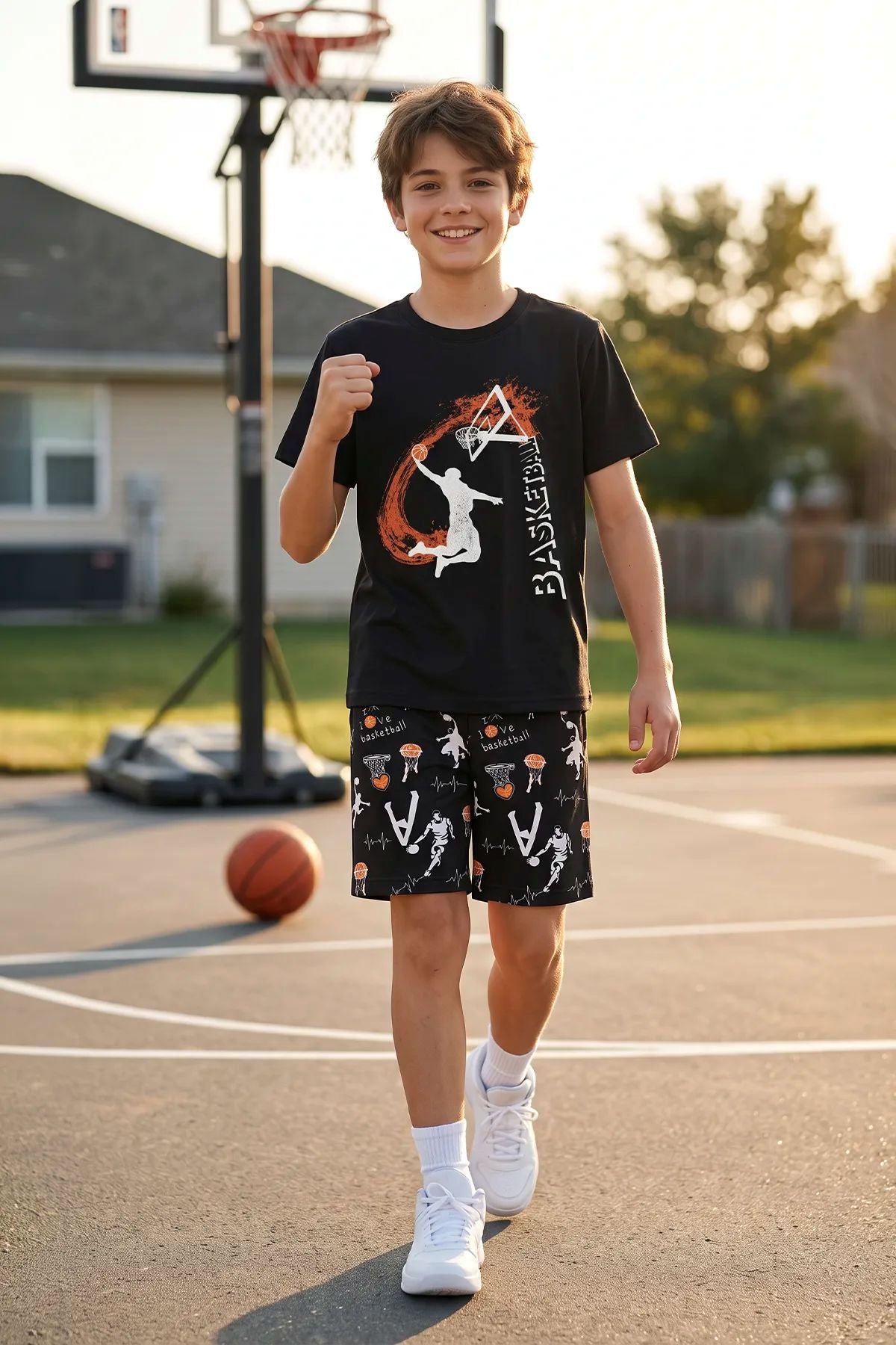 Erkek Çocuk Basketbol Baskılı Tişört ve Şort 2’li Takım – Siyah Beyaz