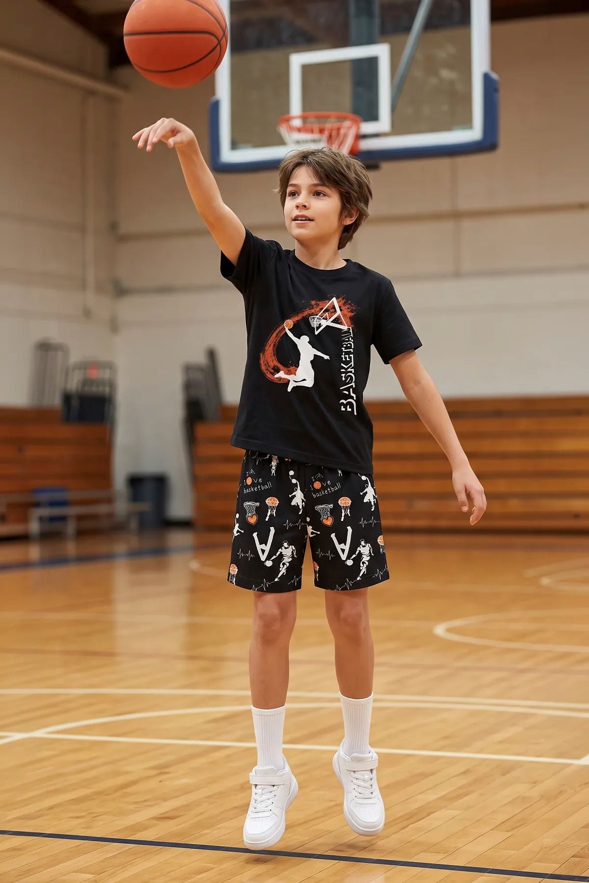 Erkek Çocuk Basketbol Baskılı Tişört ve Şort 2’li Takım – Siyah Beyaz