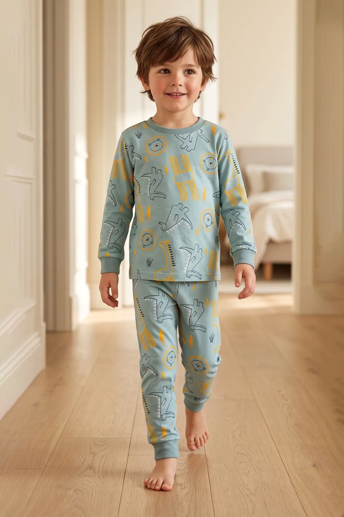 Erkek Çocuk Dinozor ve Safari Hayvanları Desenli Uzun Kollu Alt Üst Pijama Takımı