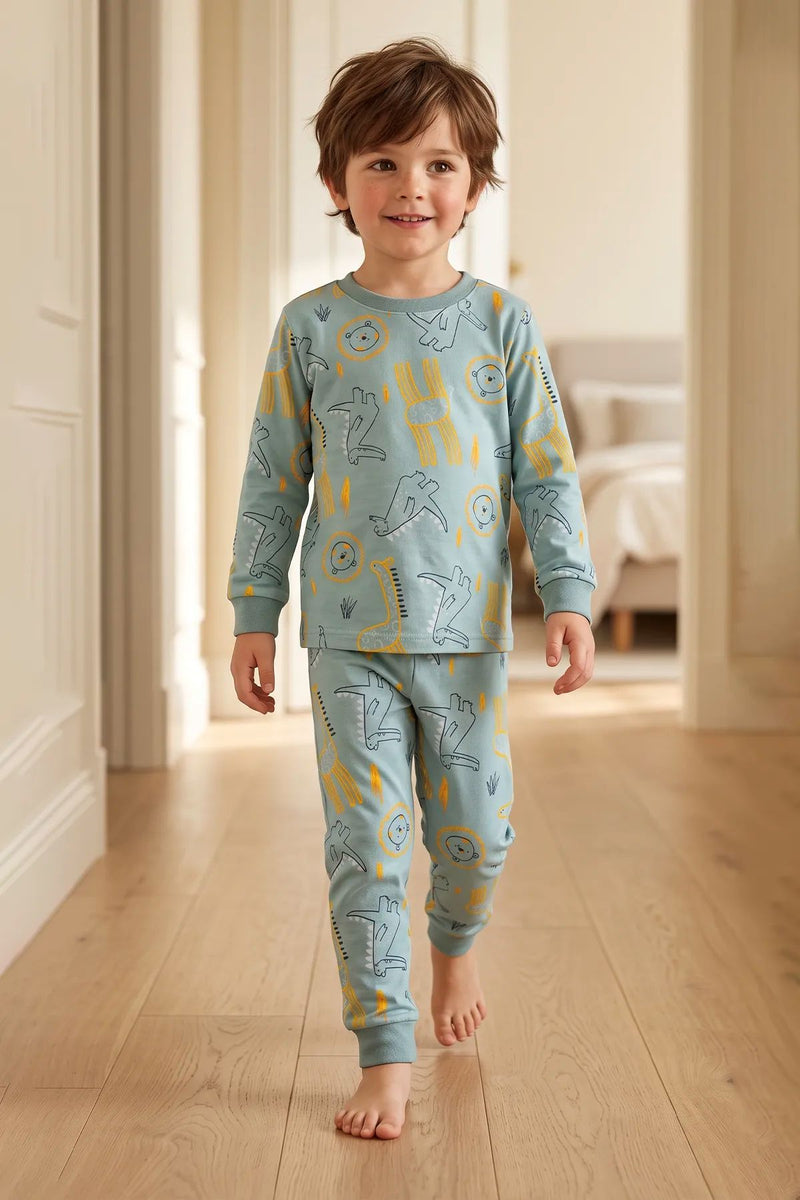 Erkek Çocuk Dinozor ve Safari Hayvanları Desenli Uzun Kollu Alt Üst Pijama Takımı