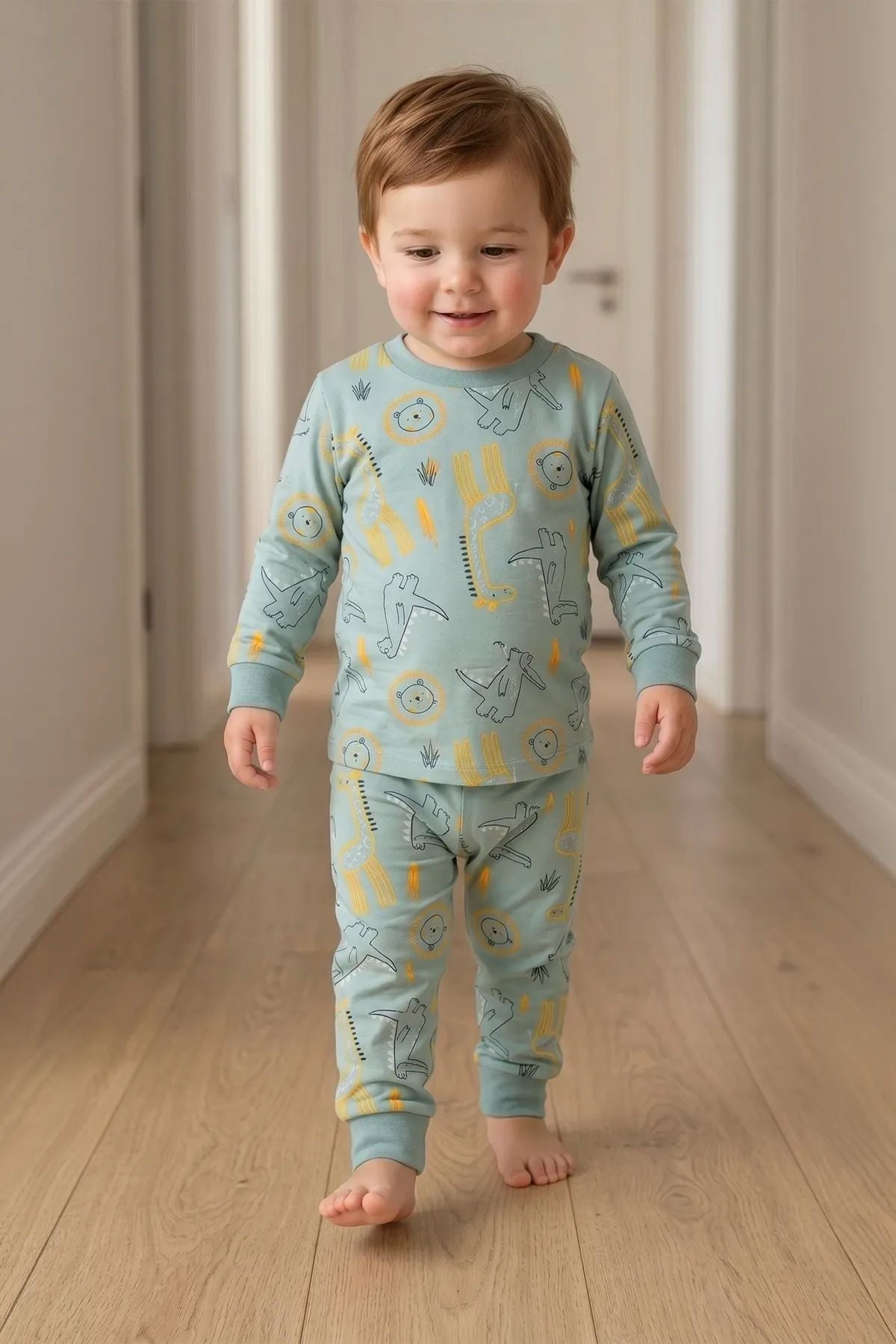 Erkek Çocuk Dinozor ve Safari Hayvanları Desenli Uzun Kollu Alt Üst Pijama Takımı