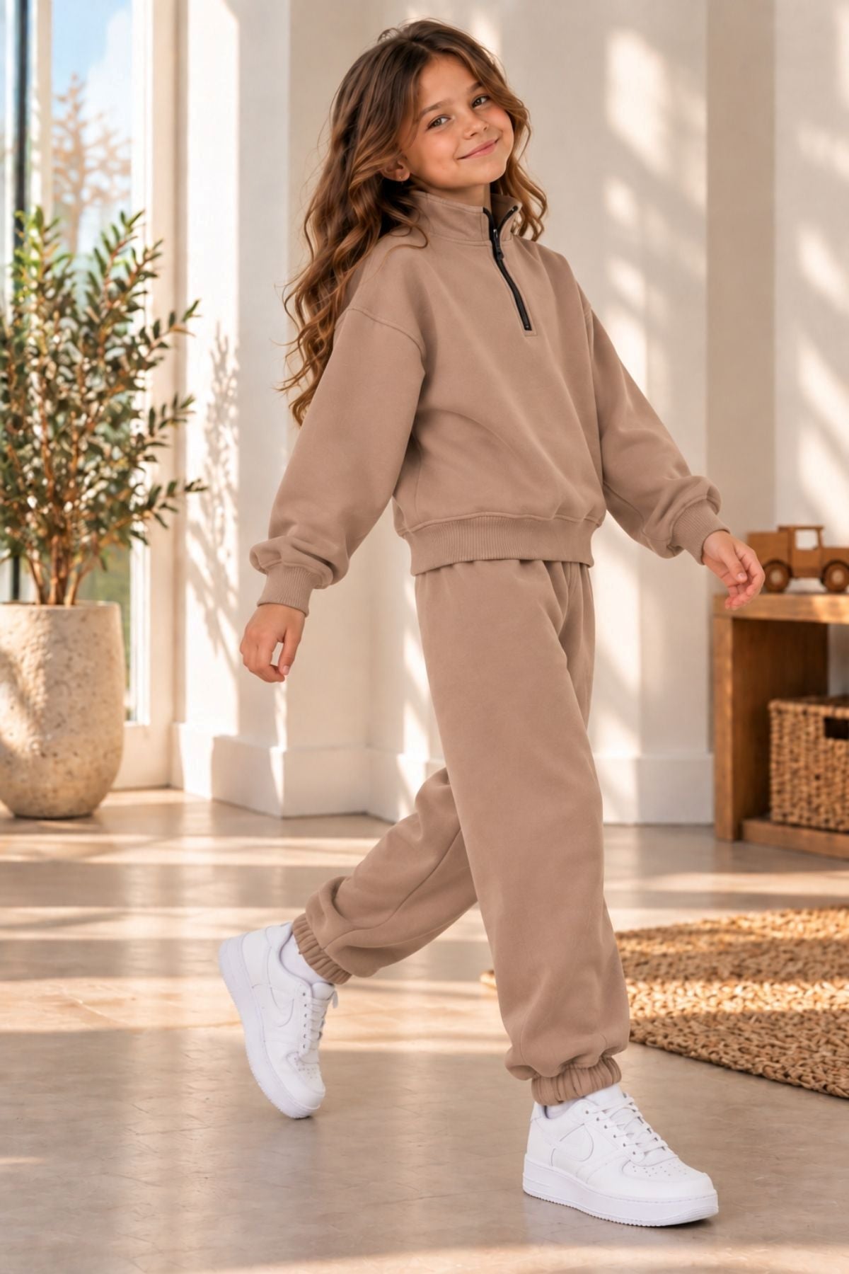 Unisex Çocuk Yarım Fermuarlı Dik Yaka Düz Renk Sweatshirt Ve Eşofman Takımı