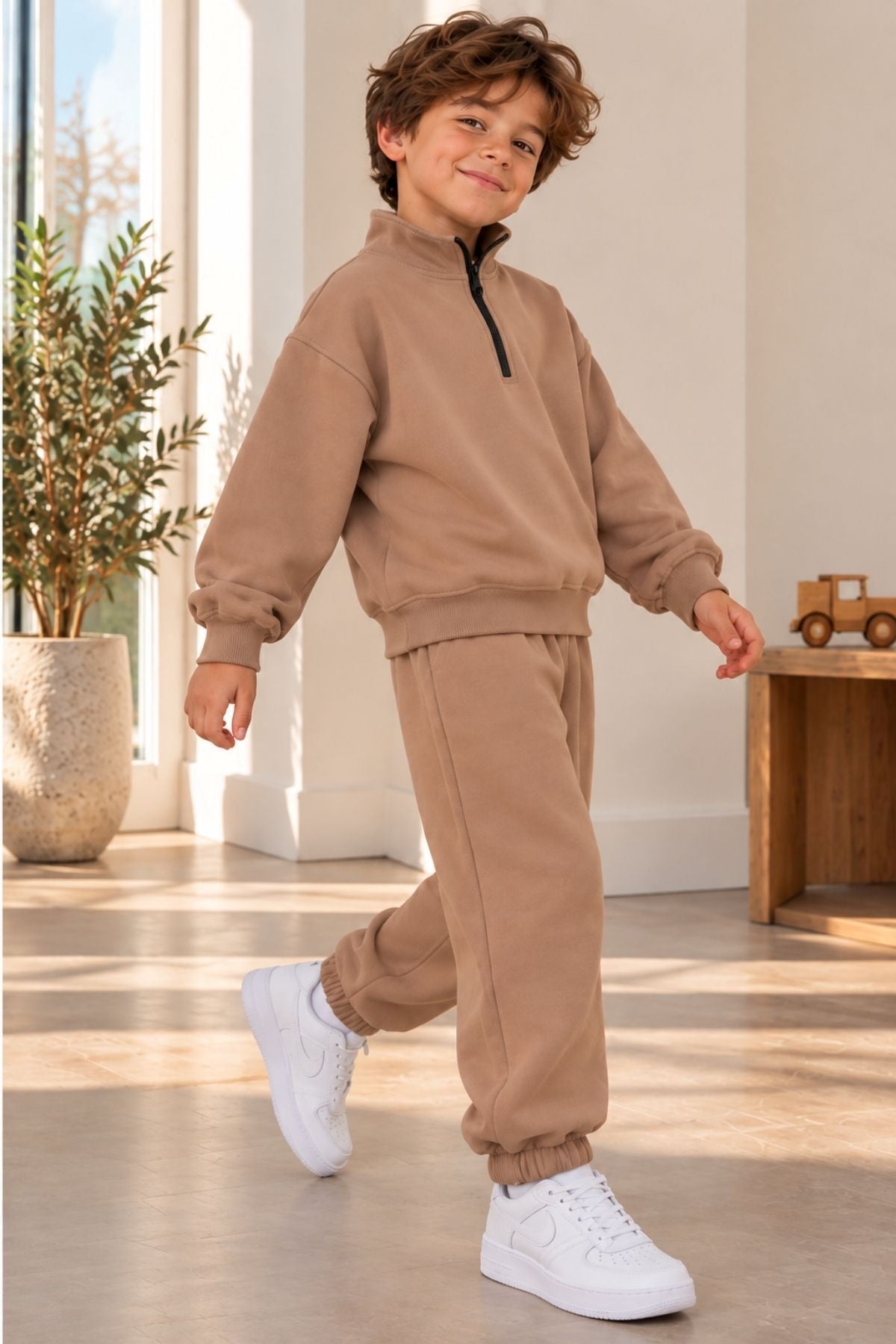 Unisex Çocuk Yarım Fermuarlı Dik Yaka Düz Renk Sweatshirt Ve Eşofman Takımı