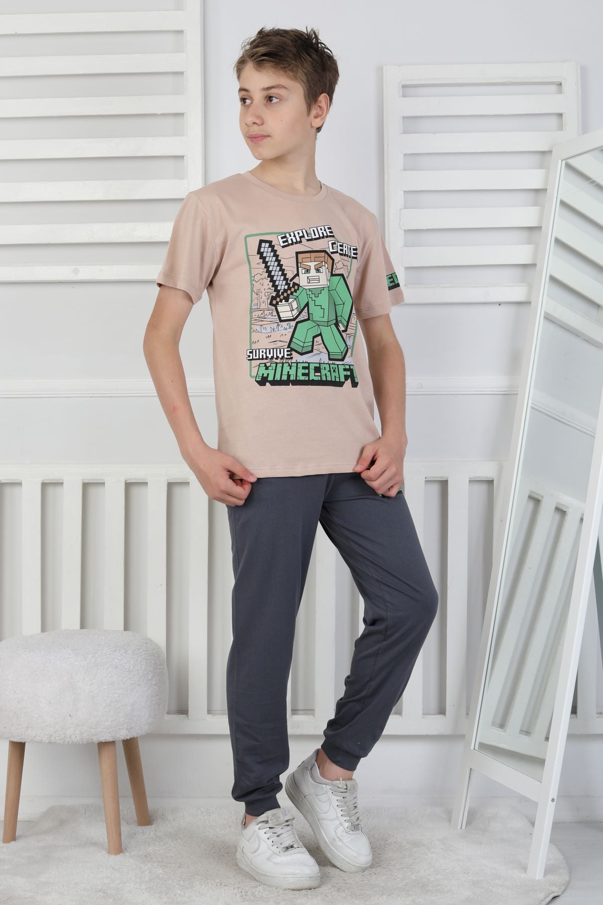 Explore Create Desenli Erkek Çocuk Süprem Kısa Kollu Pijama Takımı