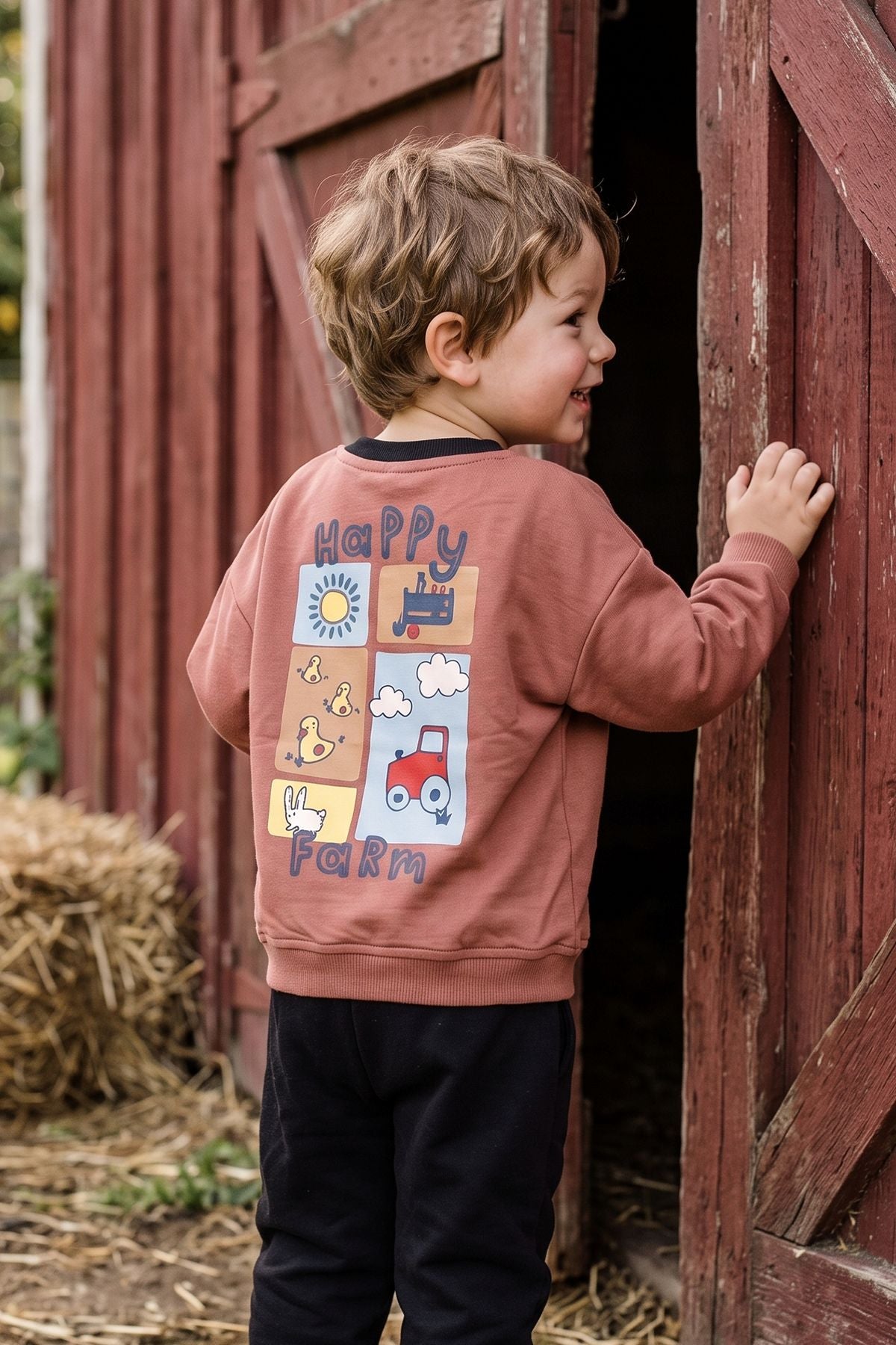 Happy Farm Baskılı Erkek Bebek Sweatshirt Eşofman Alt Üst Takım