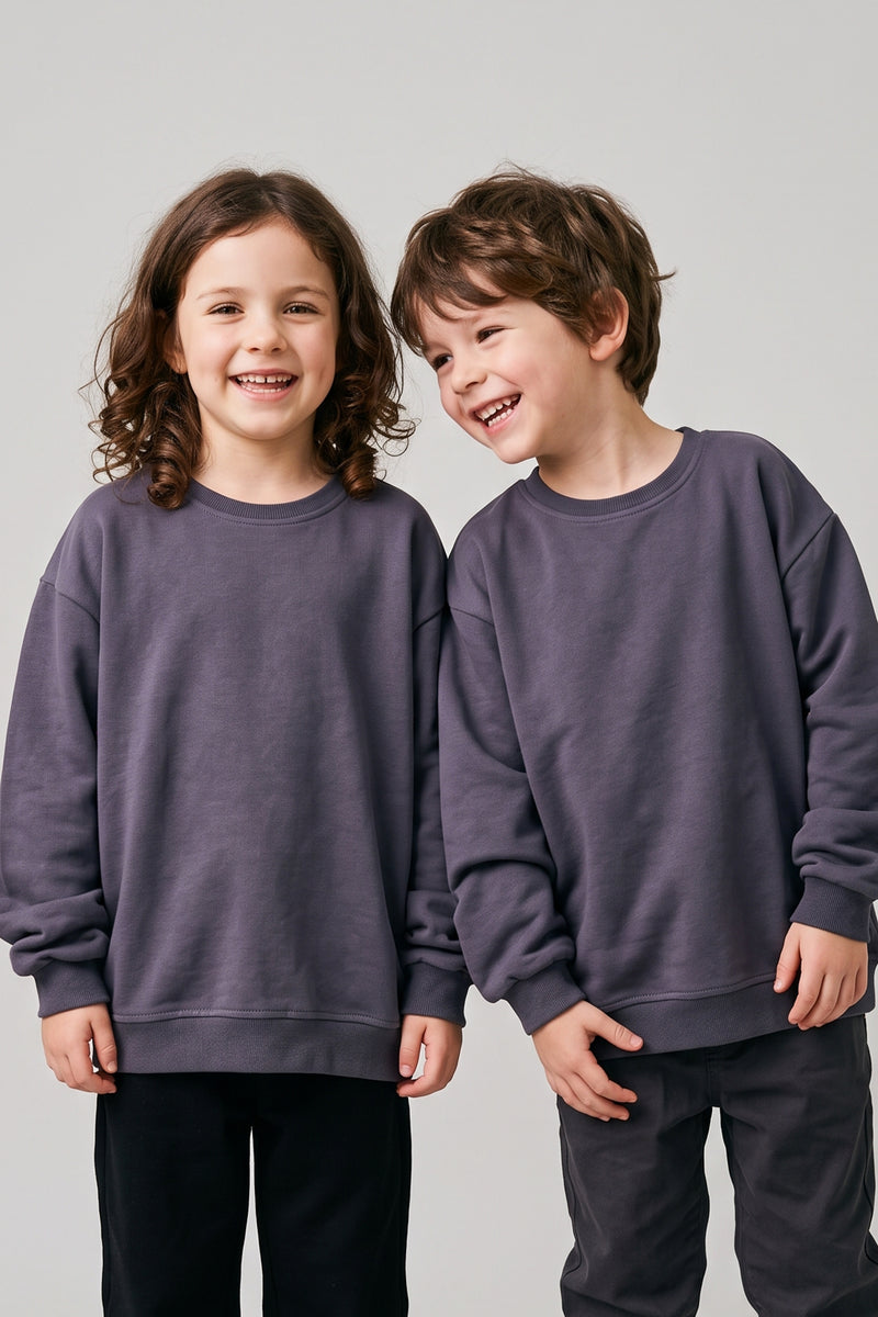Unisex Basic Düz Antrasit Renk %100 Pamuk Sweatshirt (2-11 Yaş)