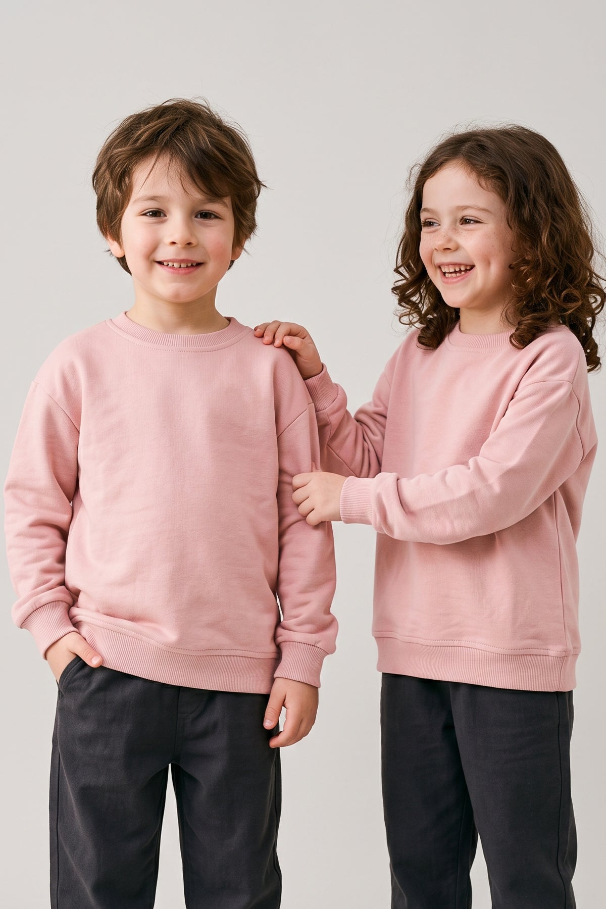 Basic Bisiklet Yaka Şardonlu Çocuk Sweatshirt 3-12 Yaş Pudra