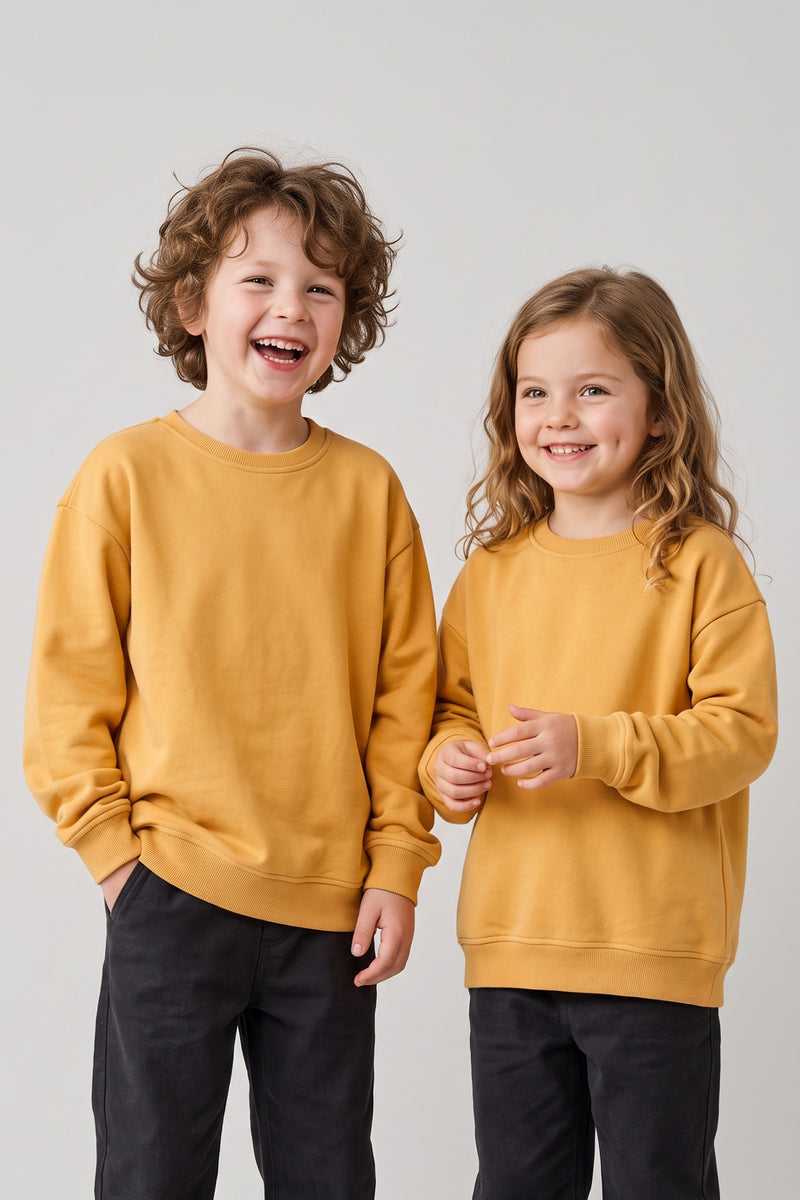 Unisex Basic Düz Hardal Renk %100 Pamuk Sweatshirt (2-11 Yaş)