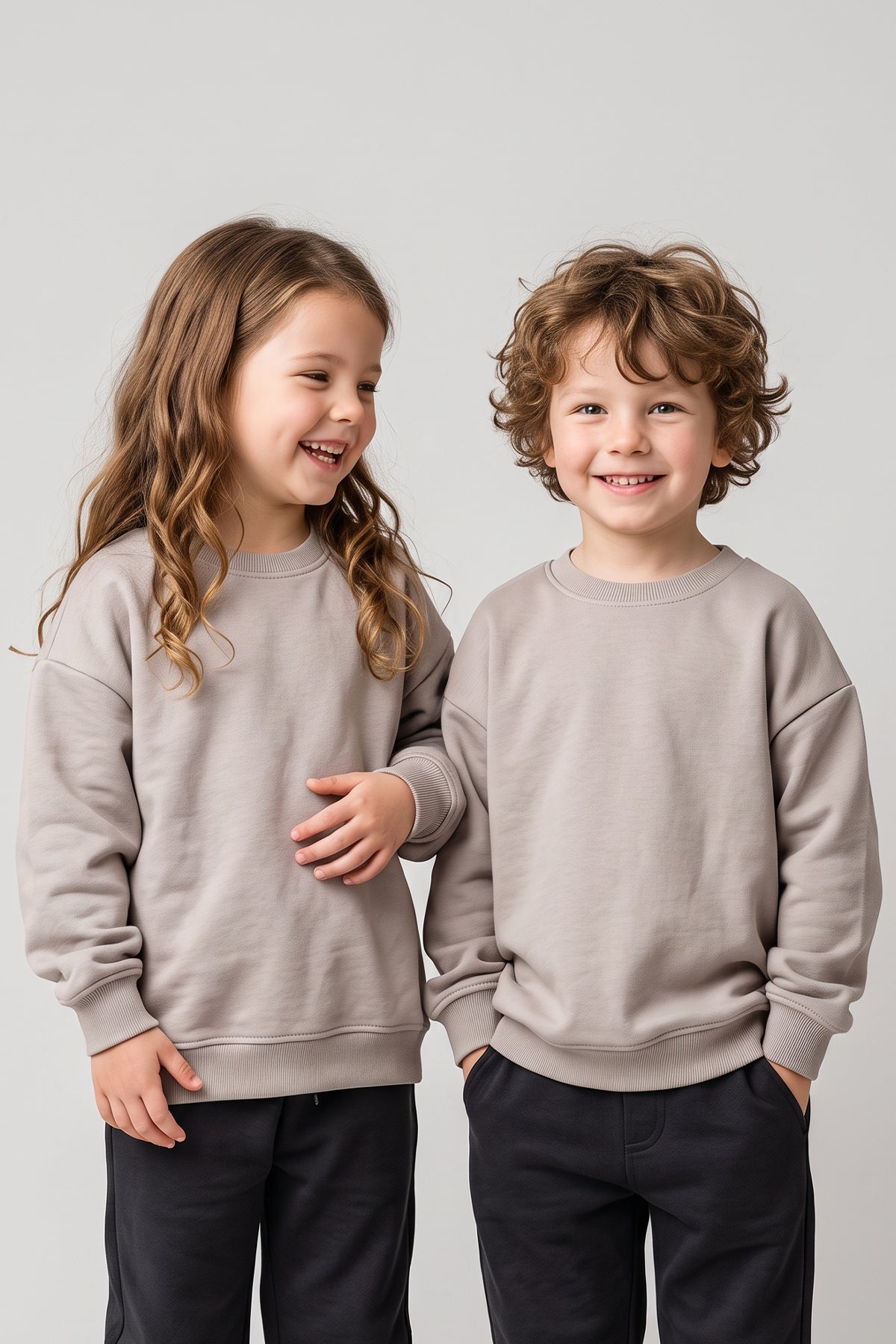 Basic Düz Renk Vizon Fırçalı Yumuşak Pamuk Sweatshirt