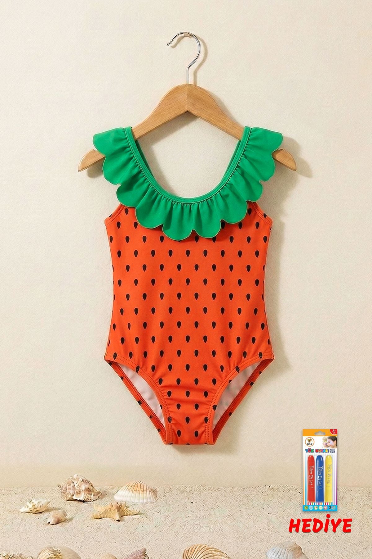 Fırfırlı Karpuz Desenli Kız Çocuk Mayo