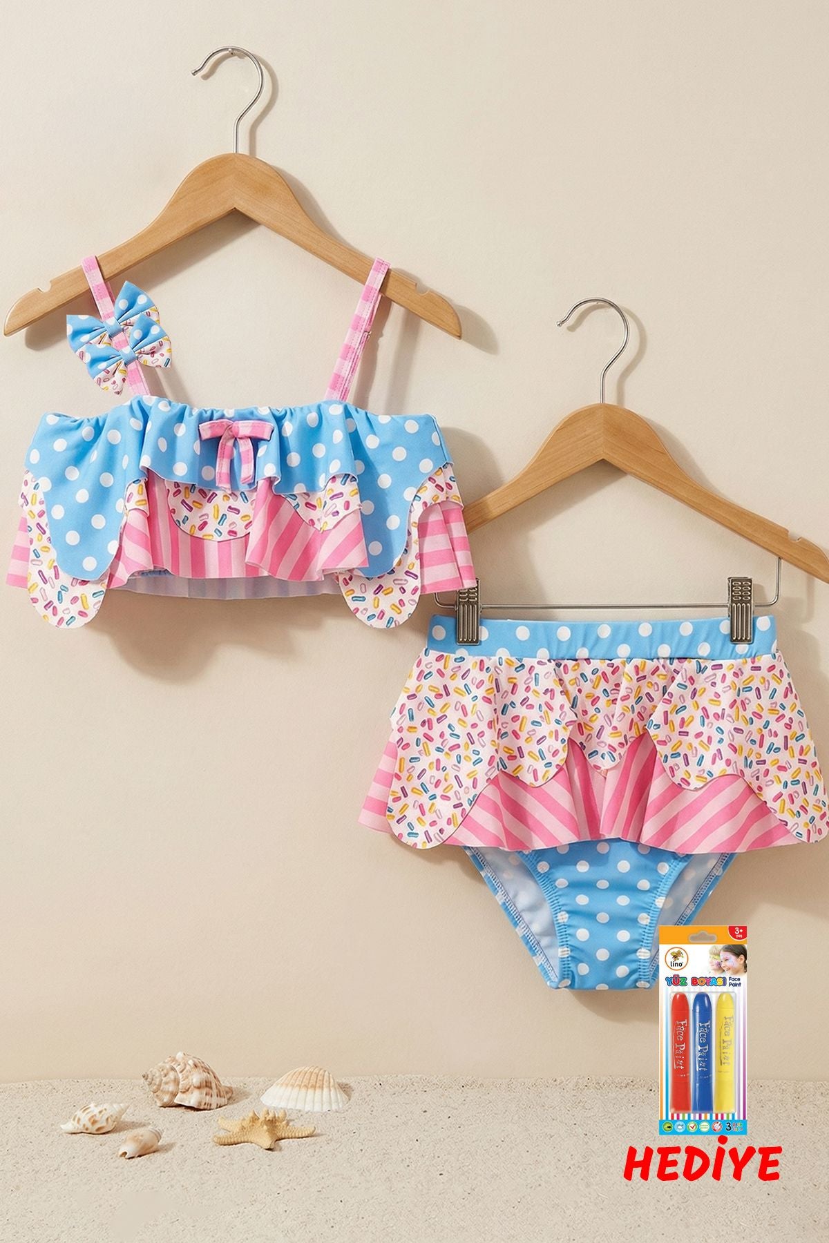 Fırfırlı Kız Çocuk Renkli Şeker Desenli Bikini Takımı